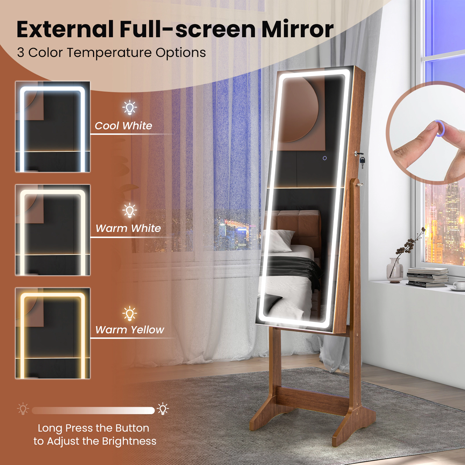 Slickblue 59.5 Inch Freestanding Lockable Jewelry Cabinet with Full-Length Mirror and Dual LED Lights