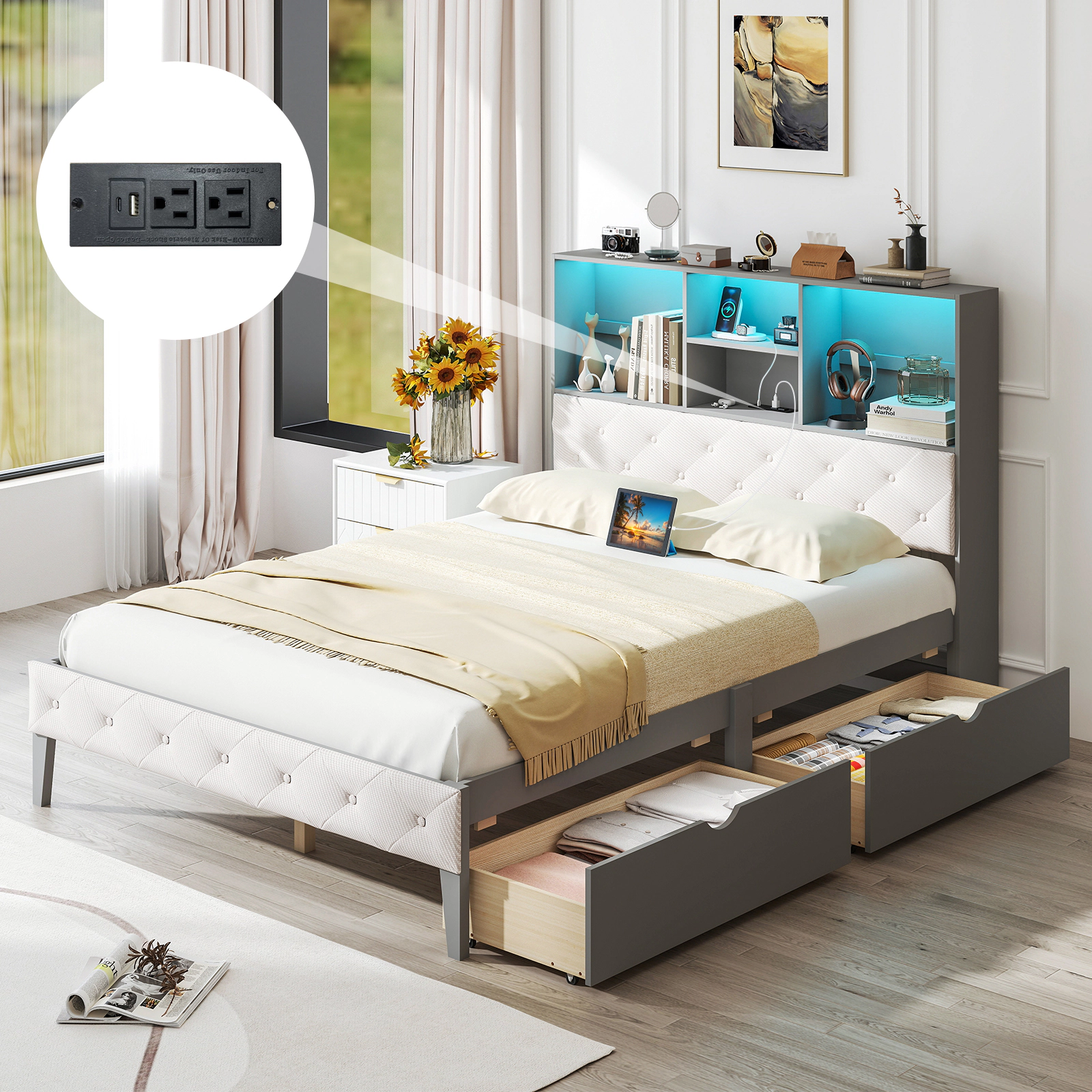 SUGIFT Full Bed Frame with LED Bookcase Headboard, Charging Station, 4 Cubes and 2 Drawers