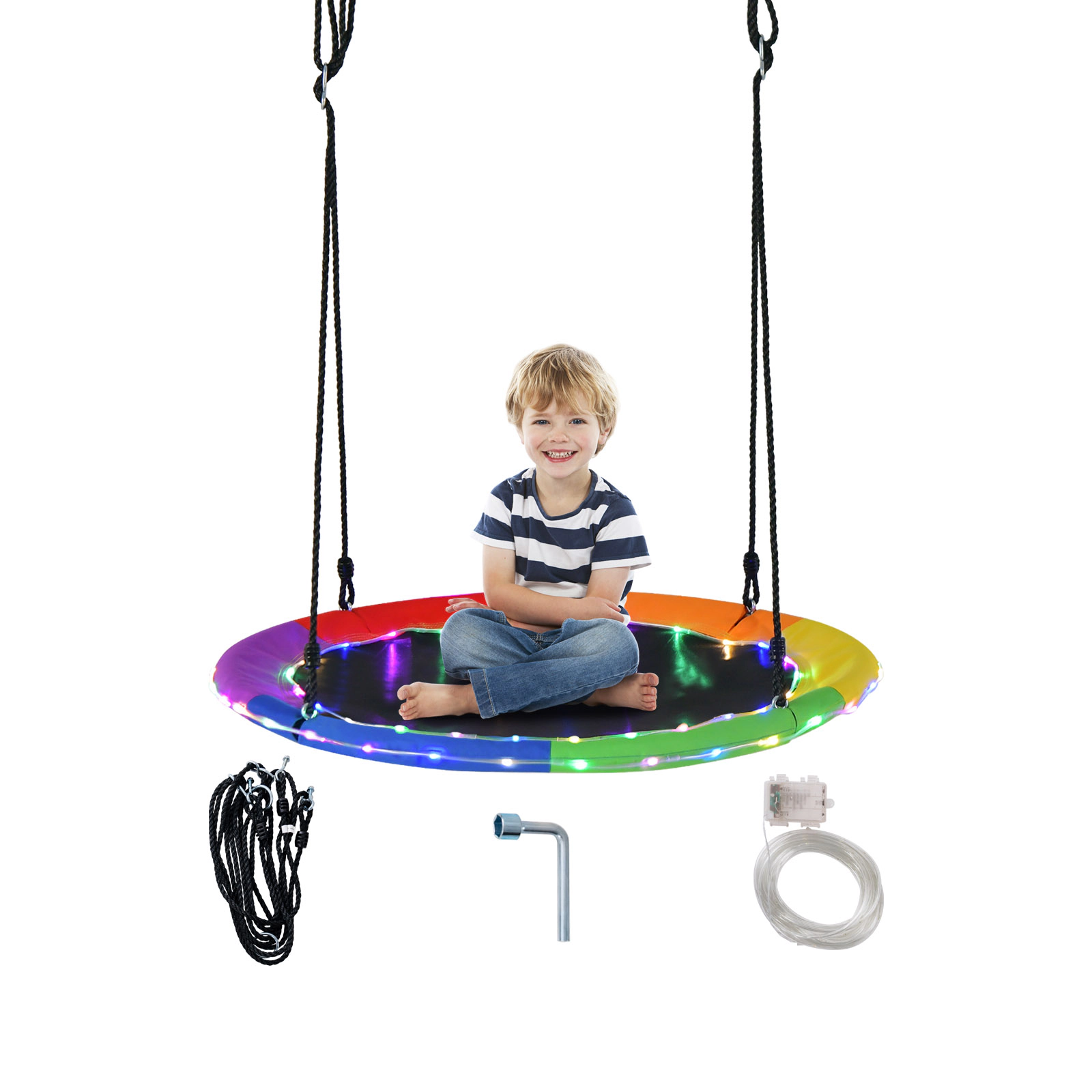 SUGIFT 40-in Round Saucer Tree Swing with LED Lights 660-lb Capacity Ages 3+ Multicolor Blue