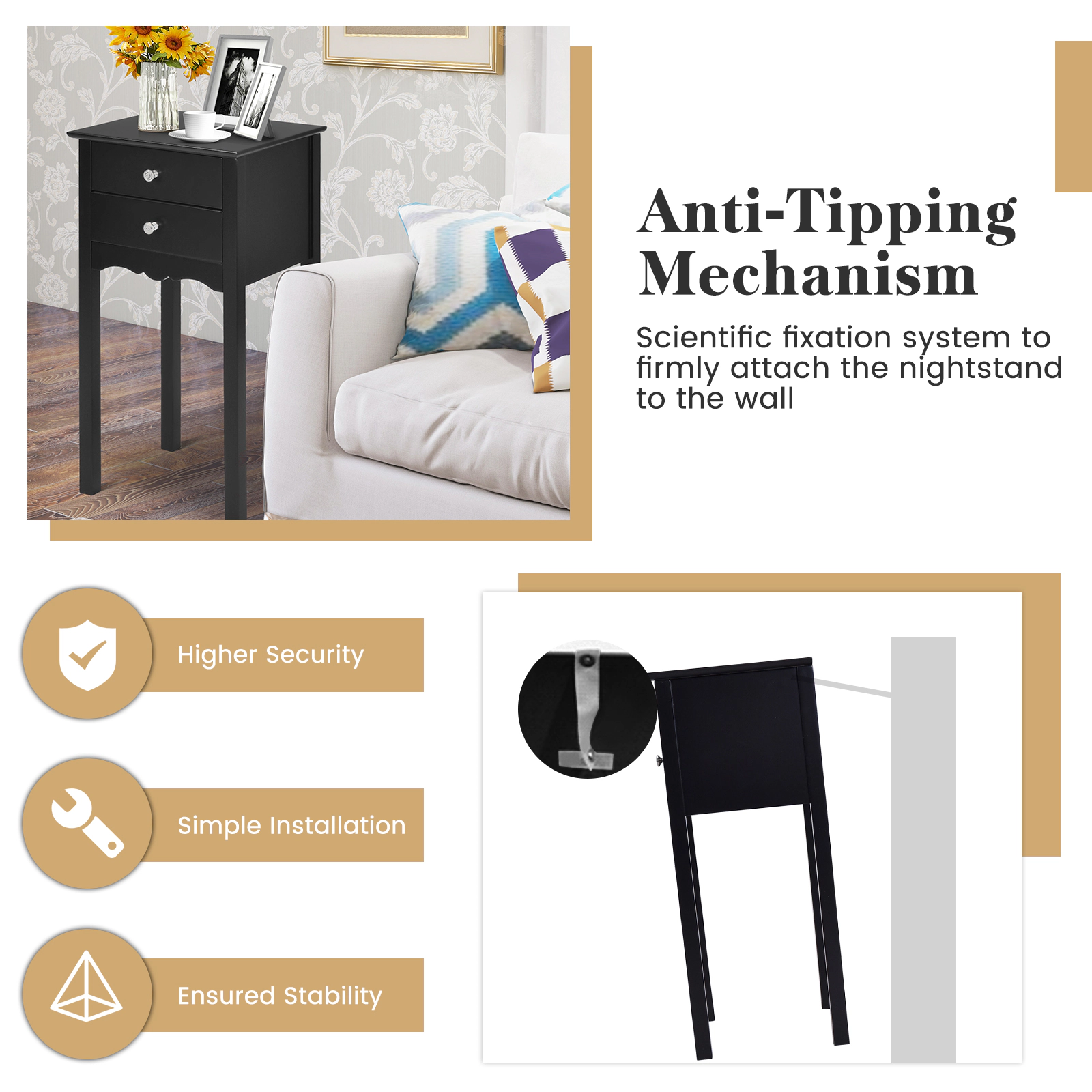 SUGIFT Black Side End Table with 2 Drawers and Tall Tapered Legs for Bedroom