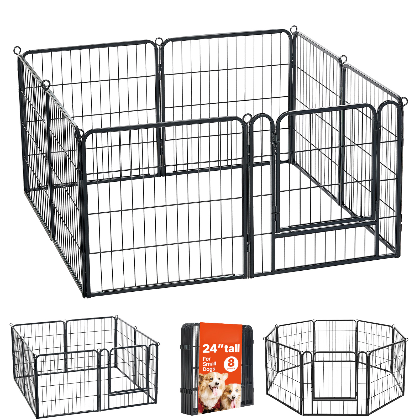 HONGGE 24-Inch 8-Panel Foldable Steel Dog Playpen for Small Dogs, Cats & Small Pets, Indoor/Outdoor, Black