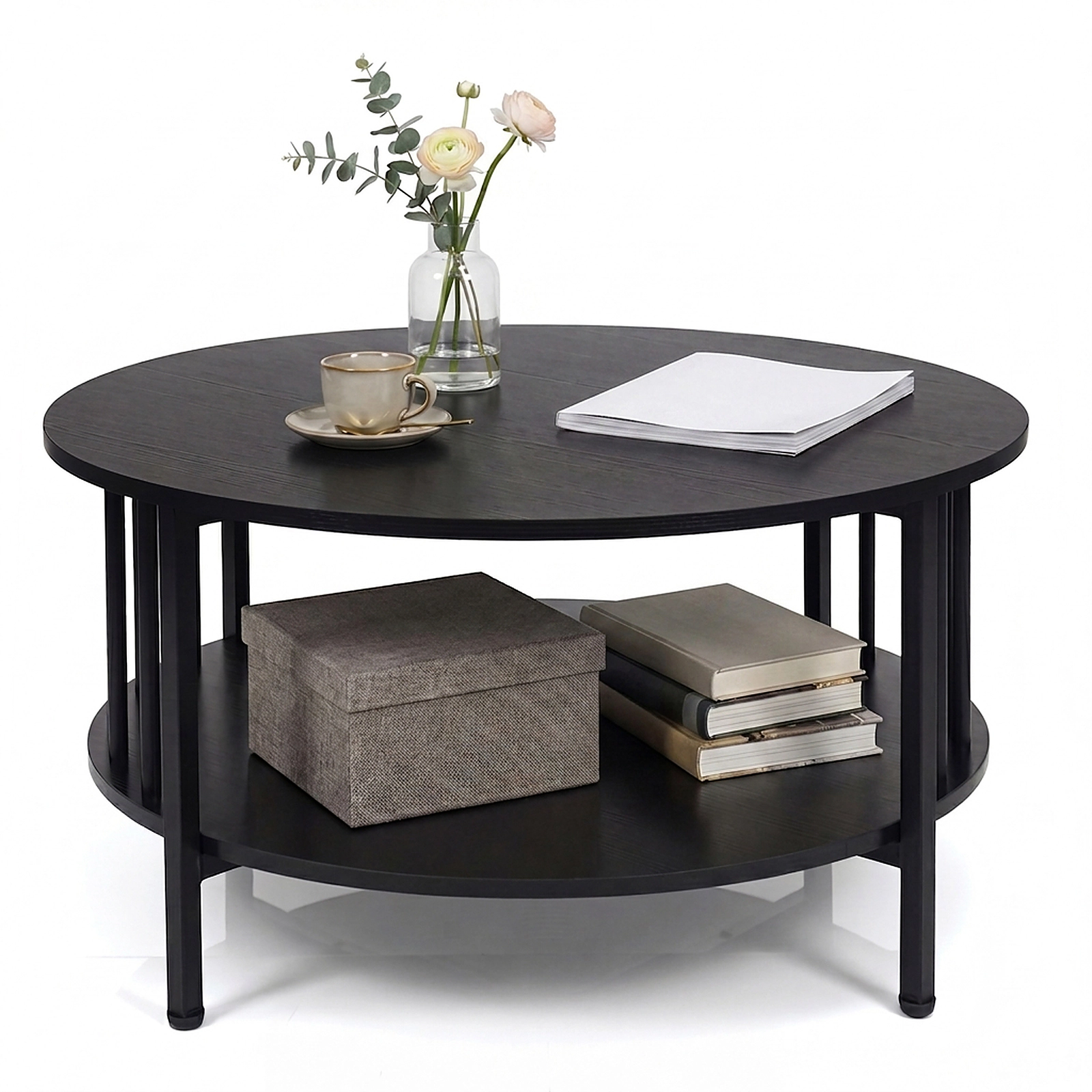 SUGIFT 2-Tier Round Coffee Table with Storage Shelf and Metal Accents 220-Lb Tabletop Capacity Black Walnut-Black