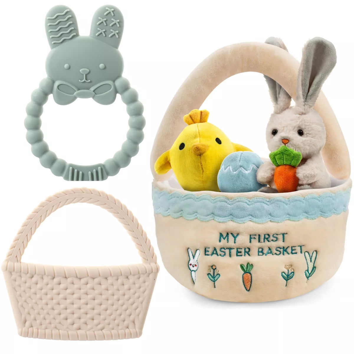 Sperric Easter Plush & Teether Baby Playset - Squeaky Bunny Chicken Easter Egg Plush Toys & Silicone Teethers for Babies