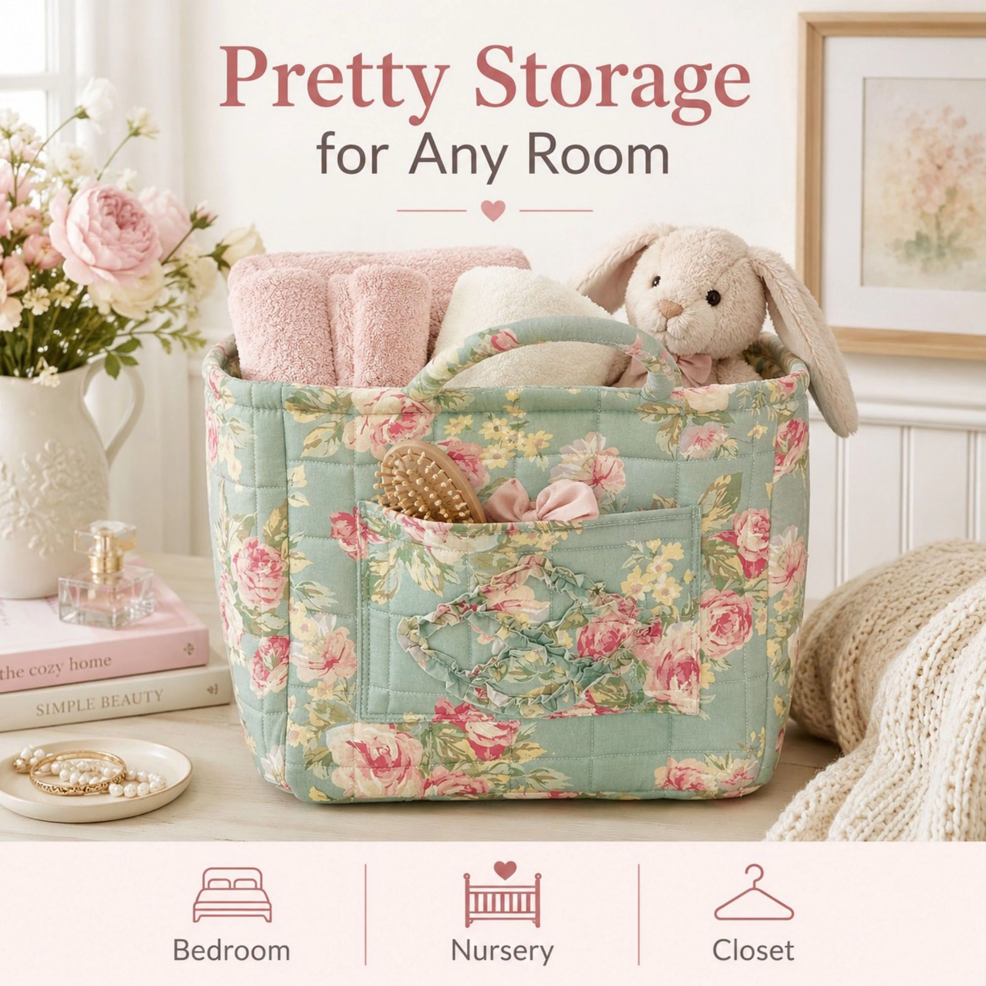Alilang Unisex Quilted Floral Storage Caddy with Handles for Vanity Dorm Bathroom and Laundry Room