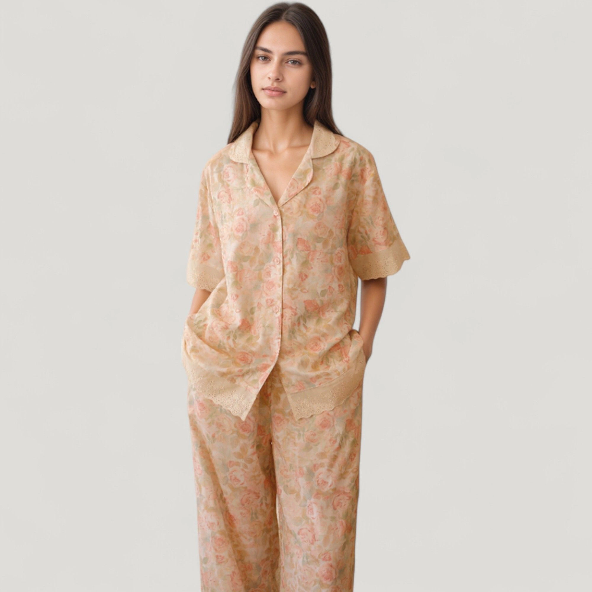 Anna-Kaci Women's Floral Lace Trim Pajama Set Short Sleeve Button Top with Matching Wide Leg Lounge Pants