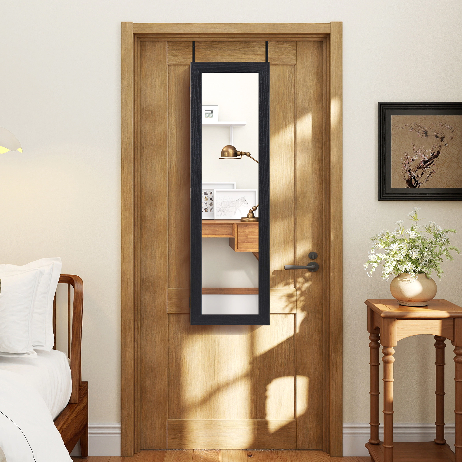 SUGIFT Black Wall Mounted Jewelry Cabinet with Full-Length Mirror Over the Door Organizer and Ring Slots