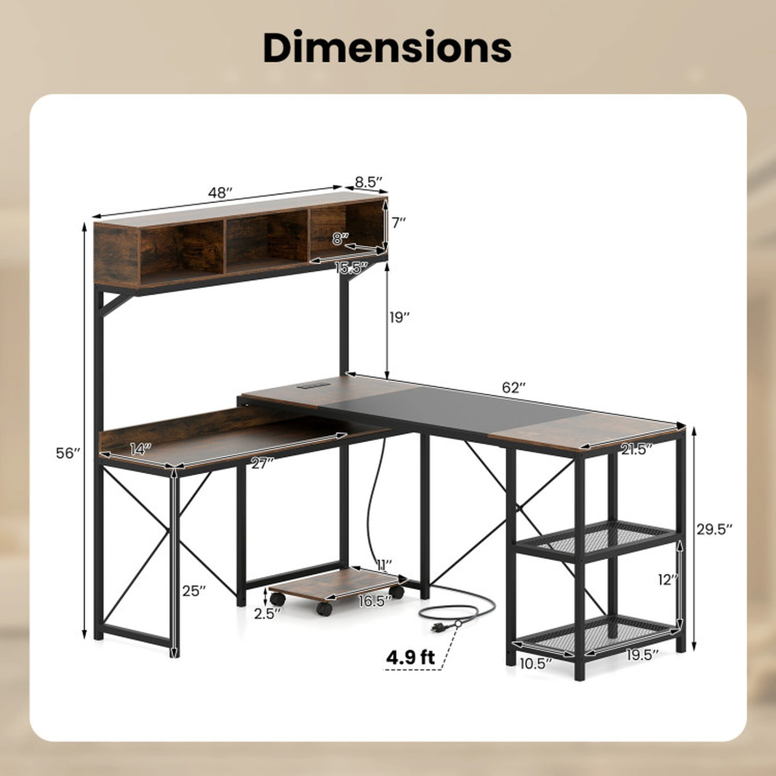 SUGIFT Hutch Power Outlets Mesh Shelves L-Shaped Computer Desk 62-in x 48-in x 56-in 135-lb Capacity Rustic Brown
