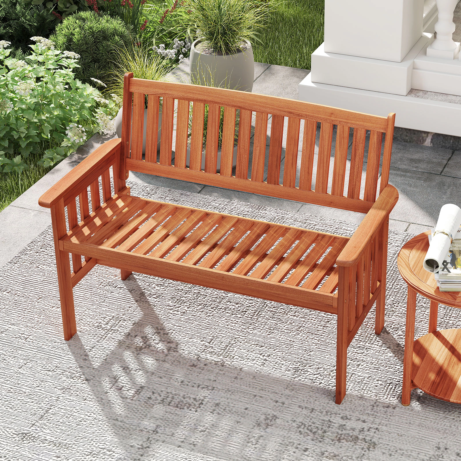 LJG Outdoor Wood Garden Bench 2-Person Patio Park Bench with Backrest Armrests and Slatted Seat