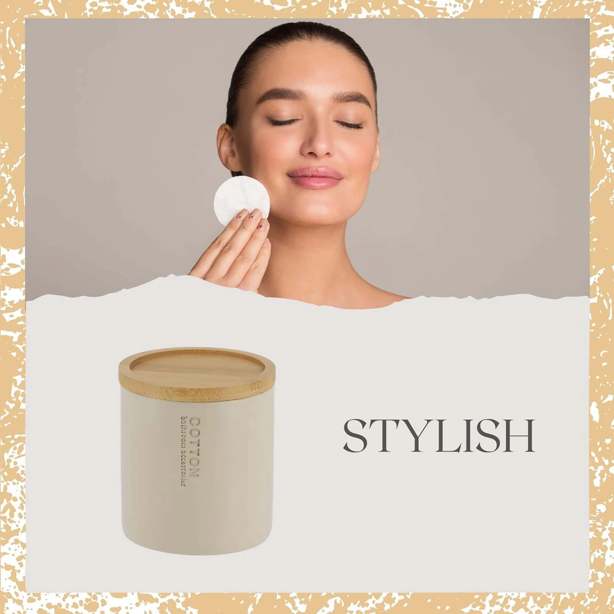 Evideco Willis Round Cotton Pad Holder with Bamboo Lid, Matte Polyresin