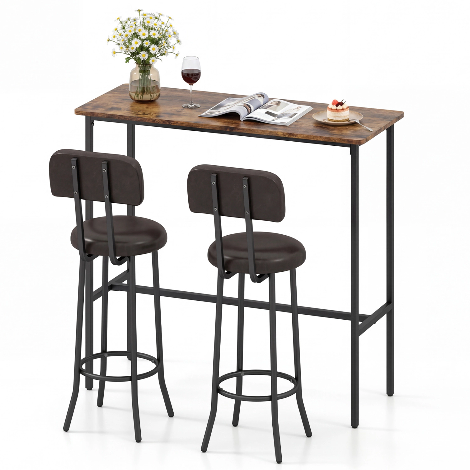 LJG 3-Piece Industrial Bar Table Set with 2 Upholstered Stools and Footrests for Dining Room