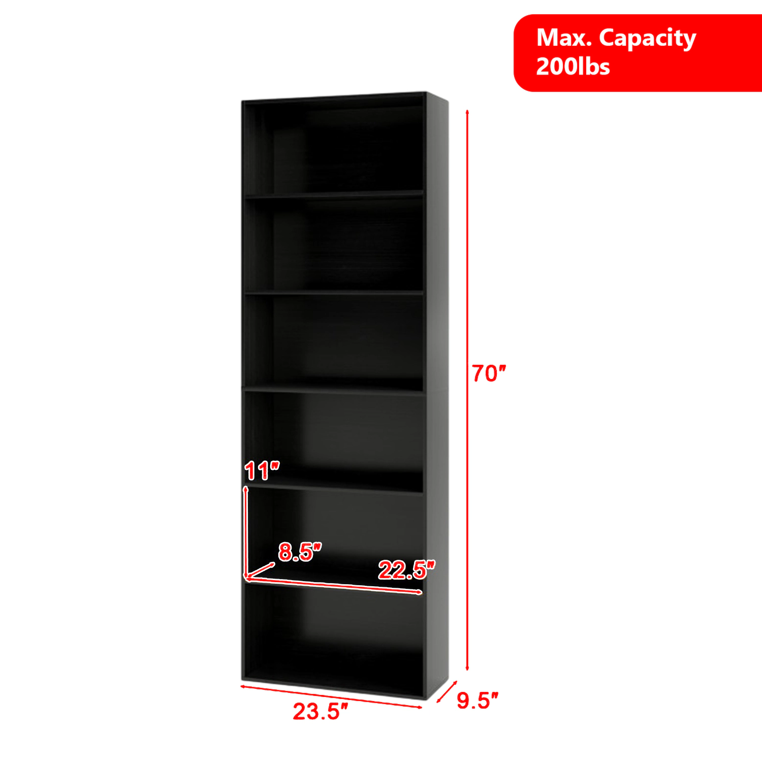 Hivvago 6-Shelf Storage Bookcase with Anti-Tip Support