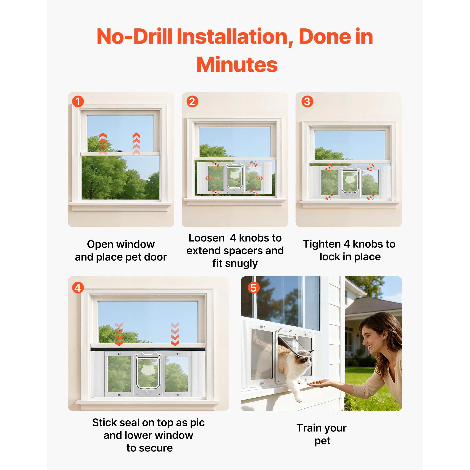 HONGGE Cat Door for Window Adjustable to Fit Window Width - 4 Secure Lock Modes Aluminum Frame and High-Transparency