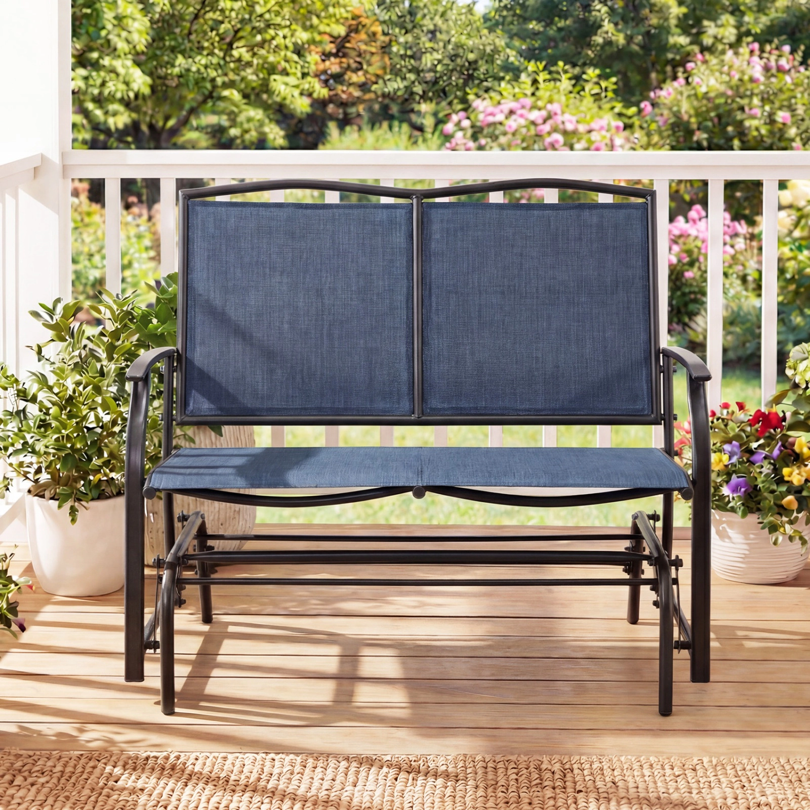 SUGIFT Steel Textilene Patio Rocking Loveseat Chair 396-Lb Capacity Seats 2 Navy Black Brown Gray