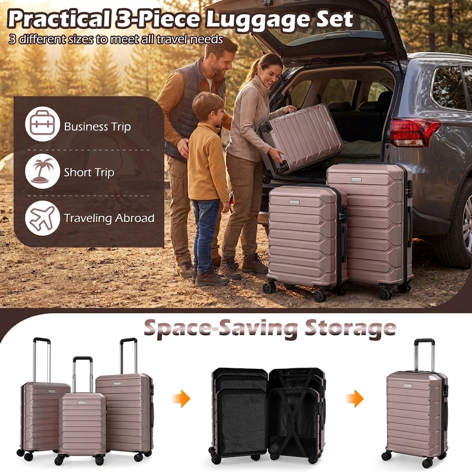 SUGIFT 3-Piece Hardside Suitcase Set with 8-Spinner Wheels Pink