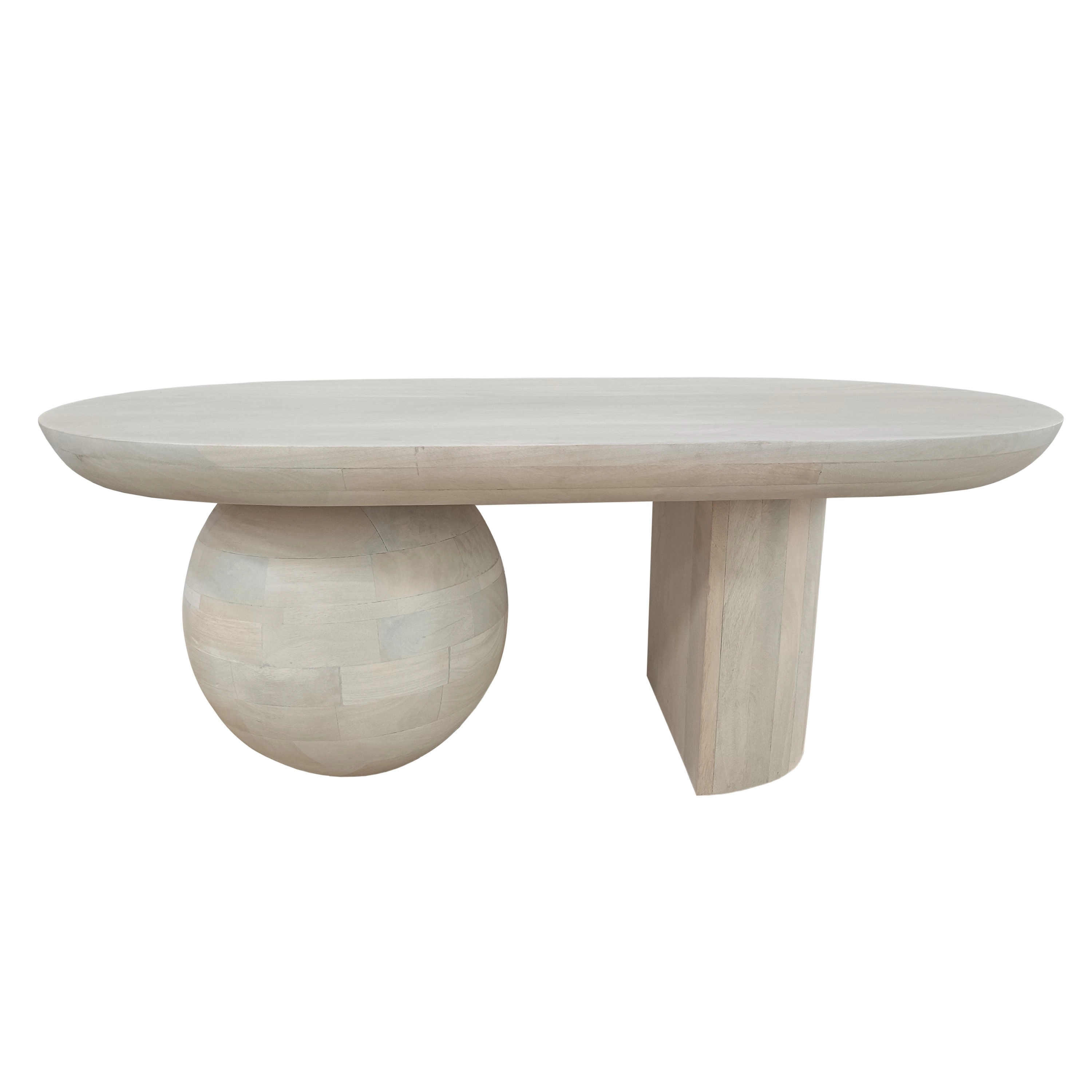 The Urban Port 38 Inch Coffee Table, Oblong Mango Wood Top with a Modern Ball Leg, Washed White