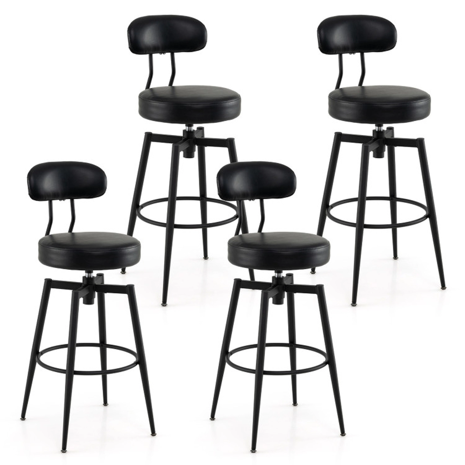 SUGIFT Black Upholstered Faux Leather Seat and Back Set of 4 Swivel Bar Stools