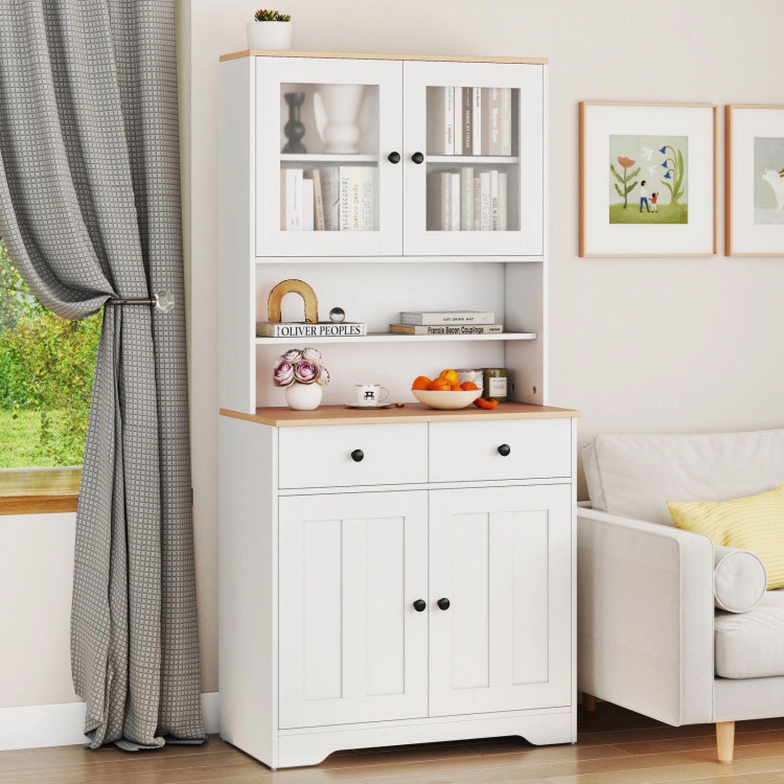 SUGIFT Adjustable Storage Pantry Cabinet Sideboard with 2 Shelves 67-in Tall Black/White Engineered Wood and Glass