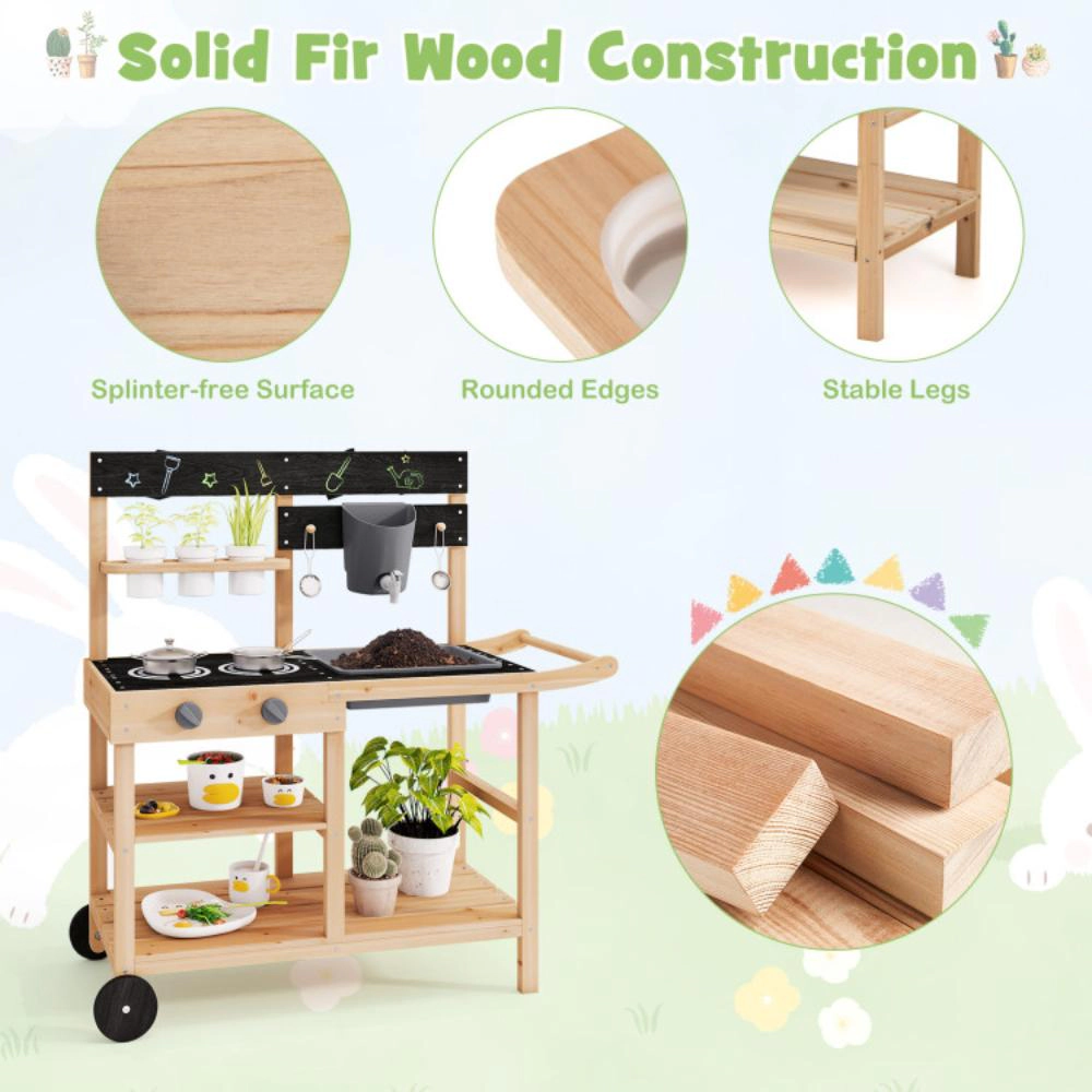 Hivvago Outdoor Fir Wood Play Kitchen with Blackboard and Planting Pots-Natural
