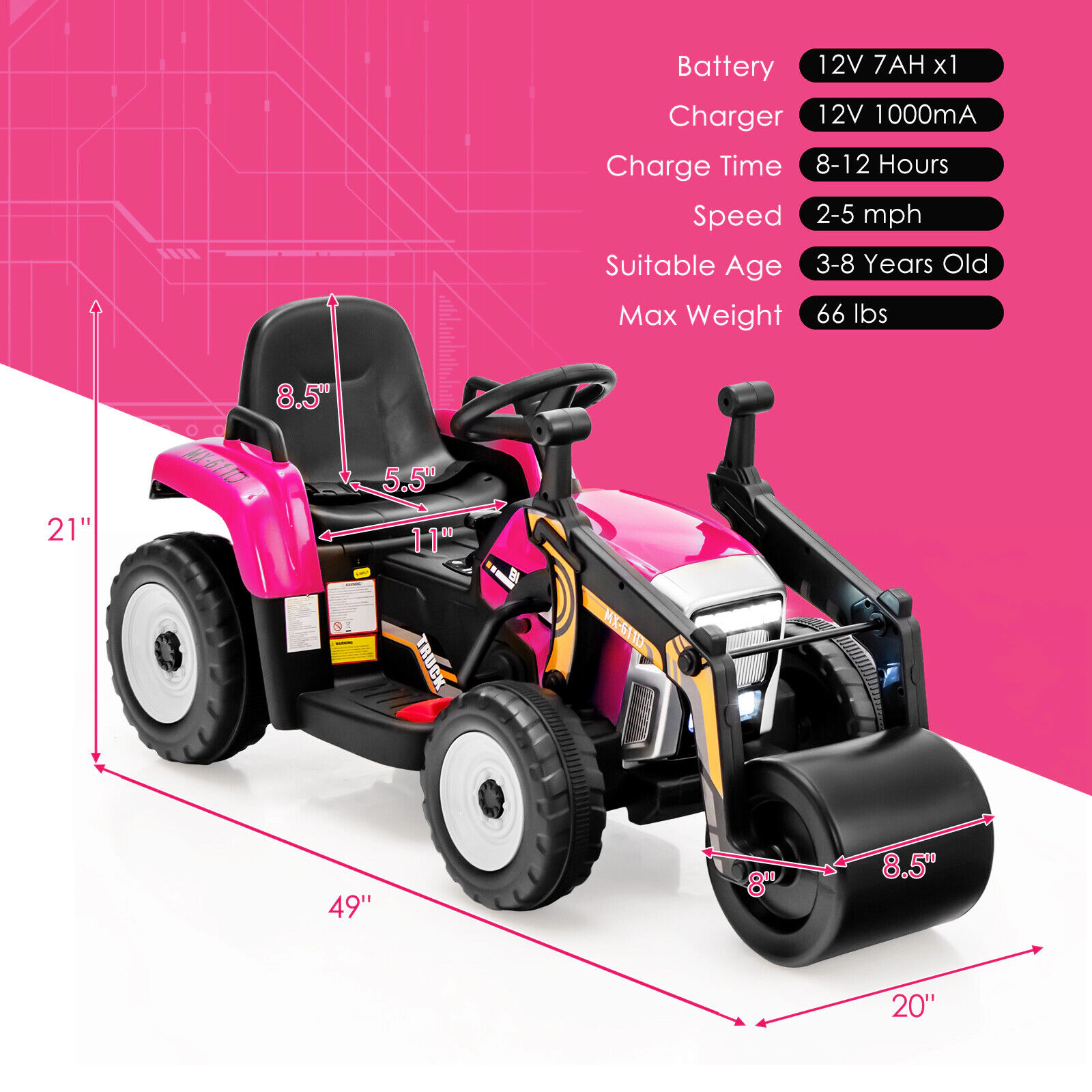 SUGIFT Adjustable Drum Remote Control and LED Lights Kids 12V Ride On Road Roller