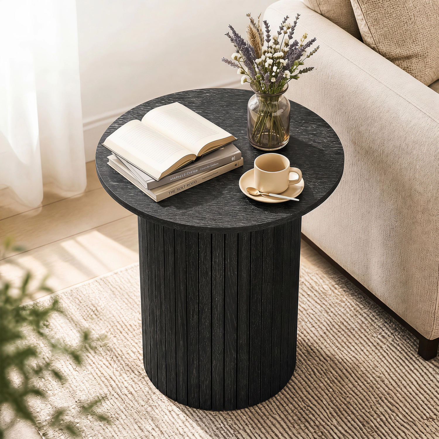 LJG 18" Round Fluted Side Table with Pedestal Drum Design and Non-Slip Foot Pads for Small Spaces