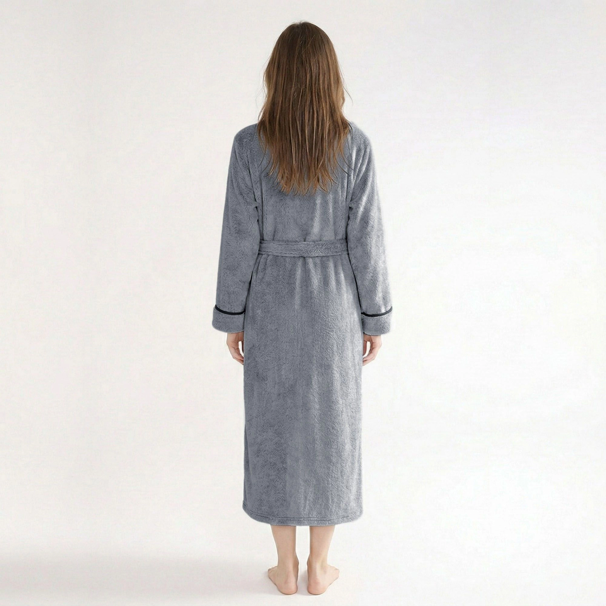 Anna-Kaci Women's Plush Long Sleeve Shawl Collar Bathrobe with Contrast Trim and Adjustable Waist Tie Belt