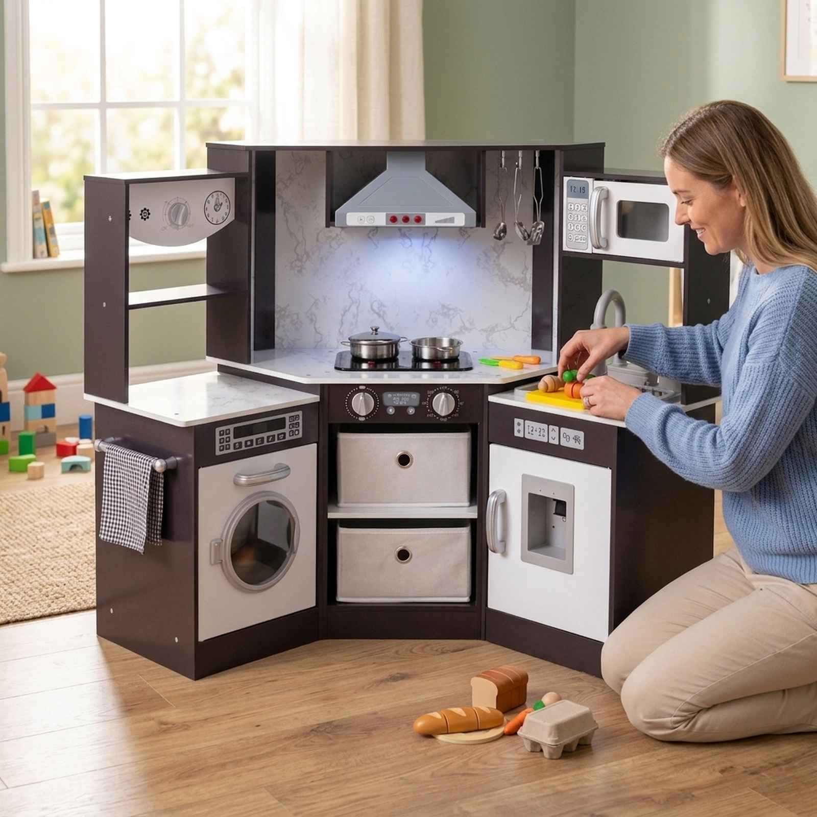 Wooden Kids Play Kitchen Water Circulation Water Dispenser Washing Machine Chef Hat 40-in x 20-in x 33.5-in Coffee