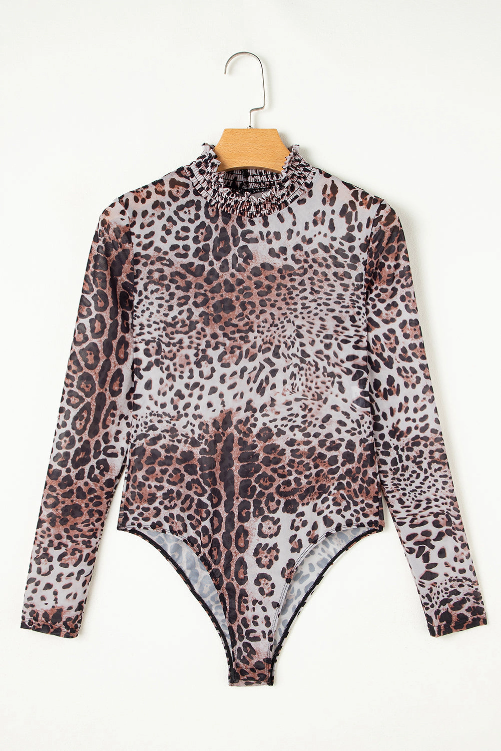 Threaded Pear Women's Leopard Smocked Neck Mesh Long Sleeve Bodysuit