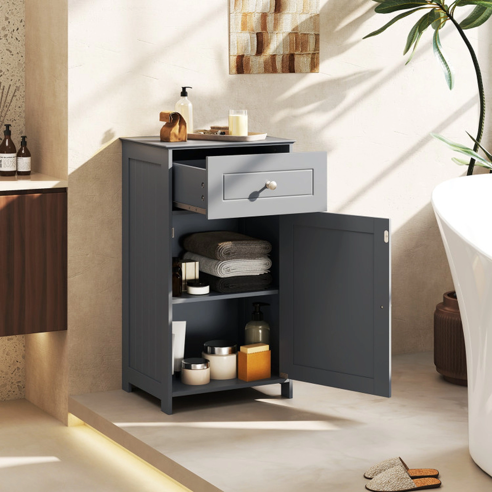 SUGIFT Drawer Single Door 3-Level Shelf Freestanding Bathroom Cabinet 17-in x 13.5-in x 30.5-in 220-lb Capacity Gray