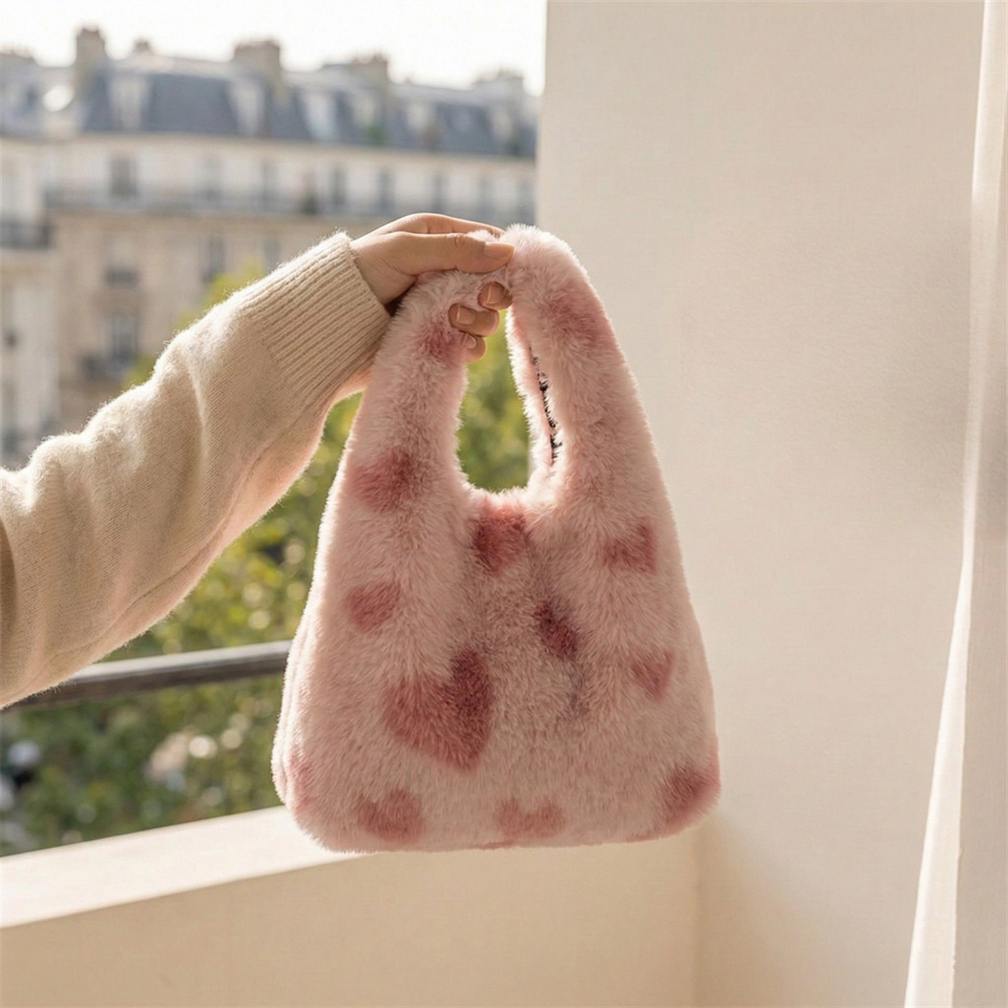 Alilang Women's Faux Fur Shoulder Tote Bag with Heart Pattern Soft Plush Texture and Wide Handles 6.7x6x4.3in