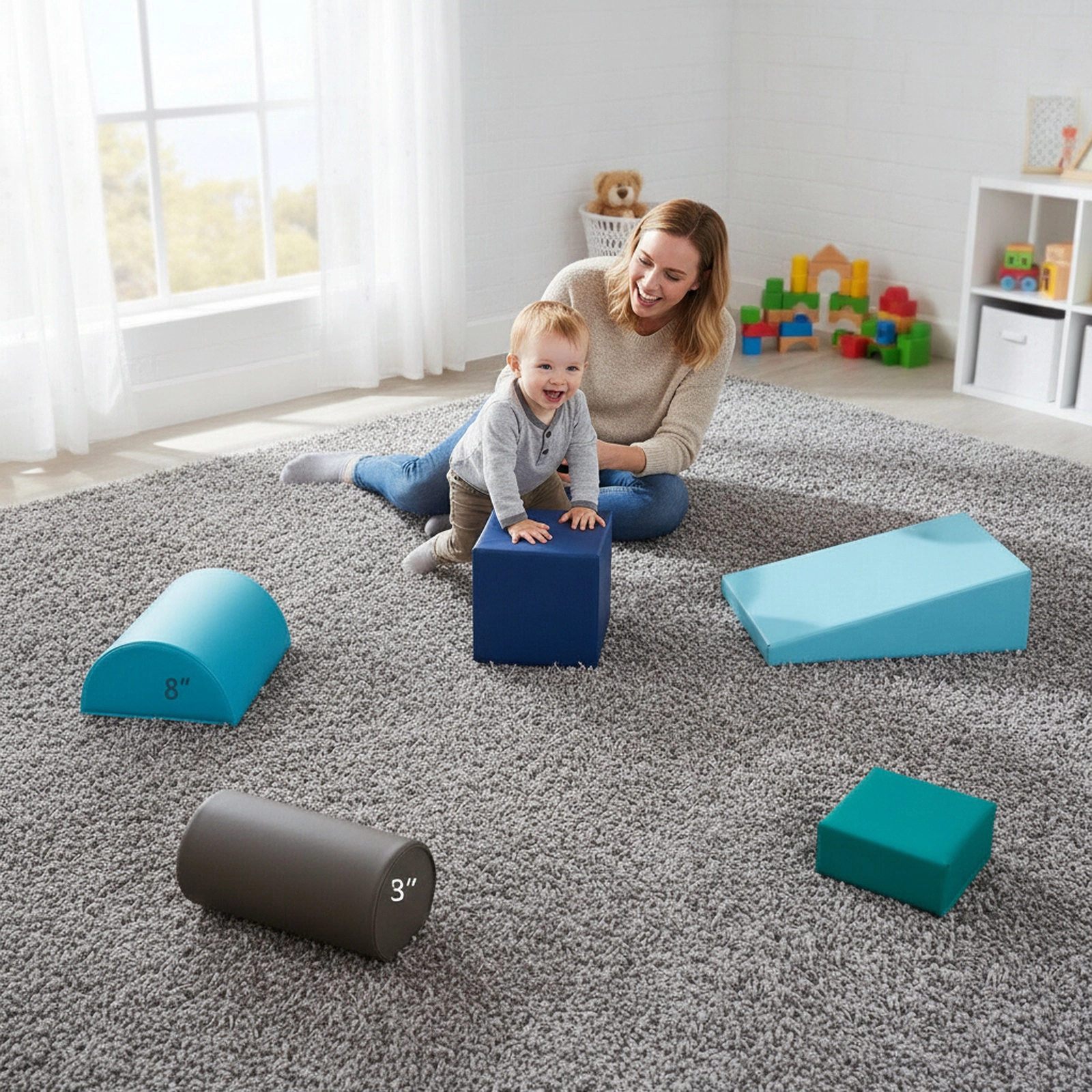 6-Piece Baby Climb Crawl Play Set Soft PU Foam Climbing Blocks Lightweight 7.5-lb Waterproof Covers Light Blue
