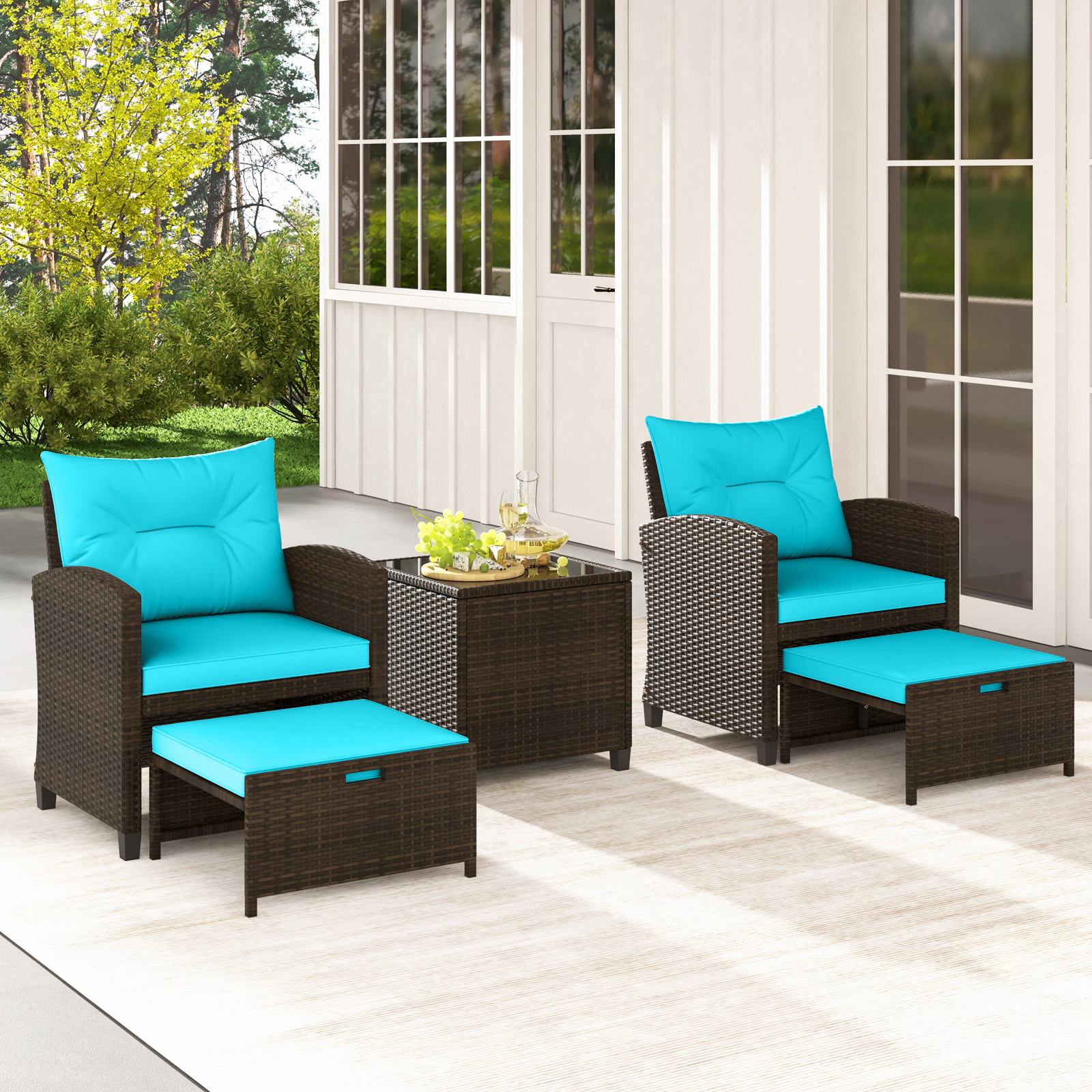 SUGIFT 5-Piece Turquoise Rattan Patio Conversation Set with 2 Chairs, 2 Ottomans and Glass Table