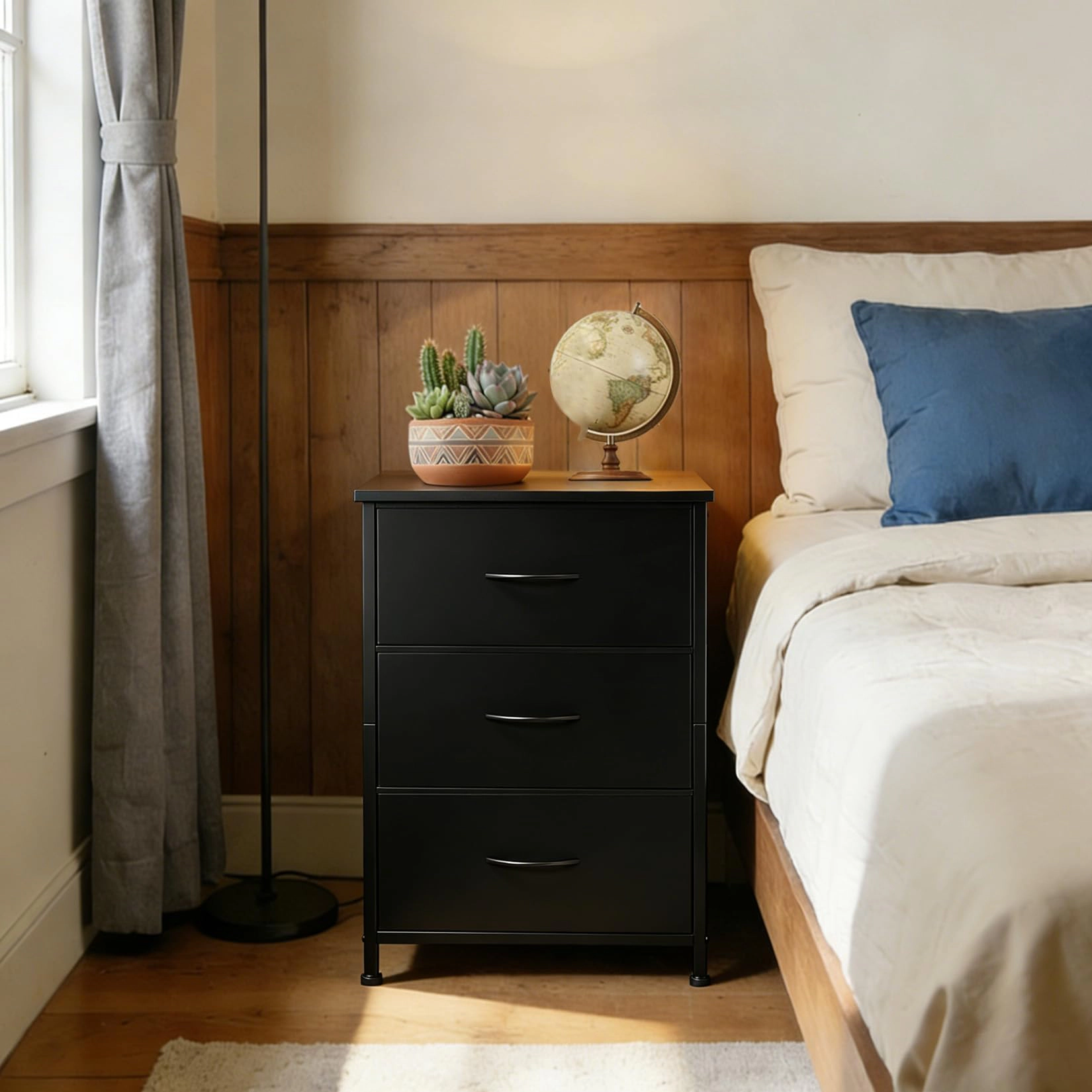 3-Drawer Dresser with Removable Fabric Bins, Slim Wood Grain Storage Organizer for Small Spaces