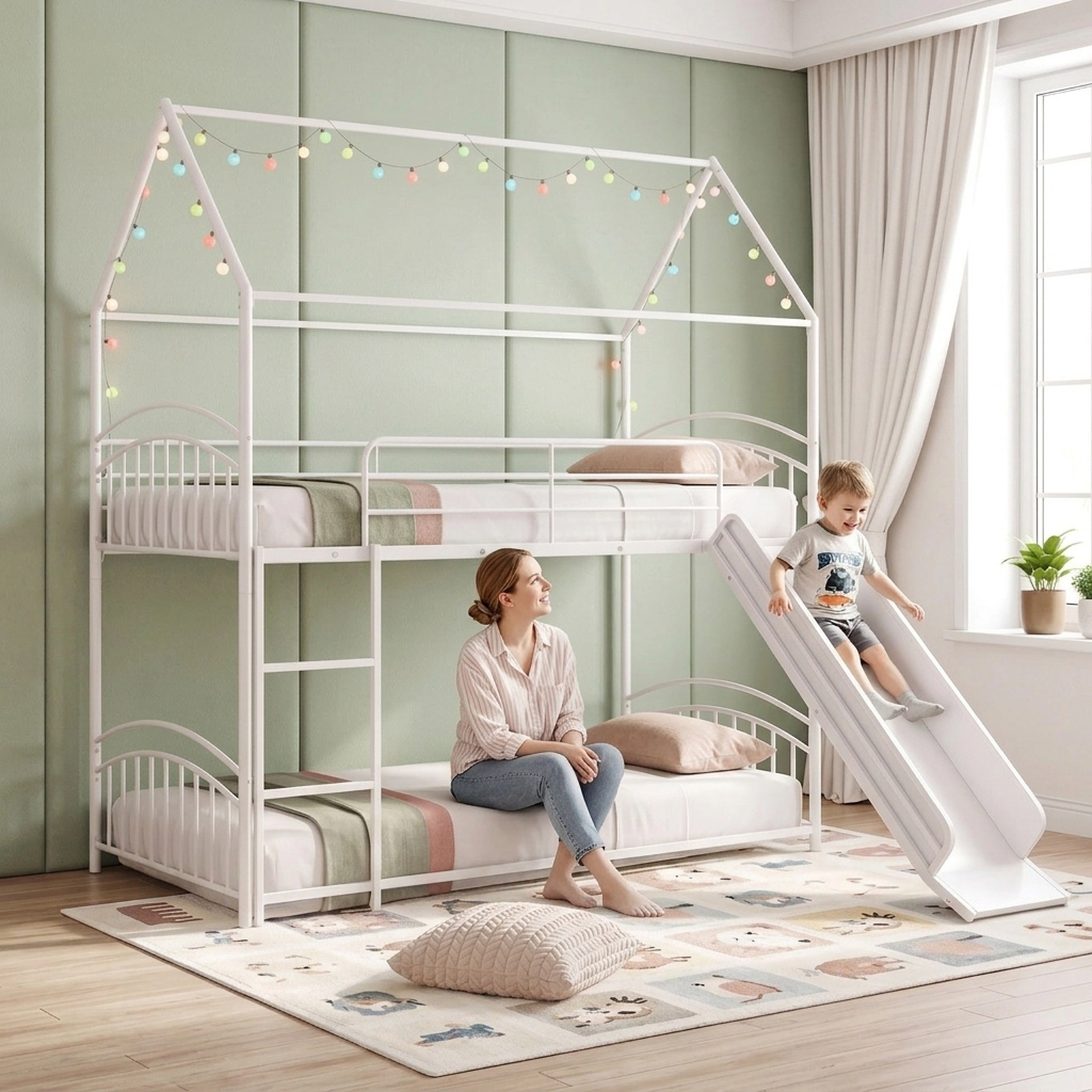 SUGIFT Twin-Over-Twin Metal House Bunk Bed with Slide and Ladder, Black and White