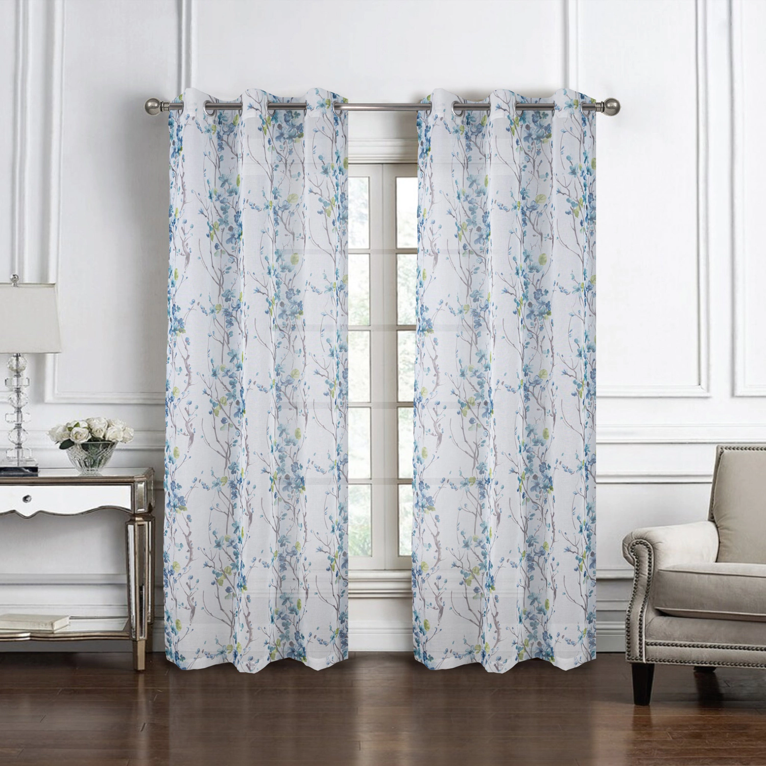 Olivia Gray 100% Polyester 72 GSM Amelia Printed Doily Grommet Curtain Panel 54" x 90" Blue