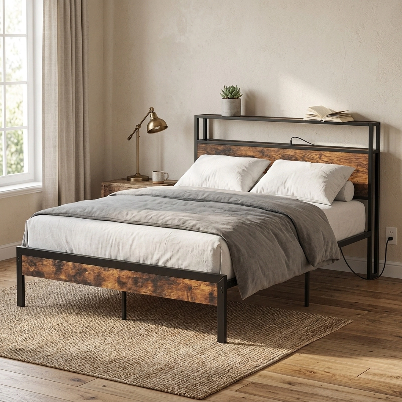SUGIFT Full Bed Frame with 2-Tier Storage Headboard, Charging Station and 18W USB-C Port, Rustic Brown