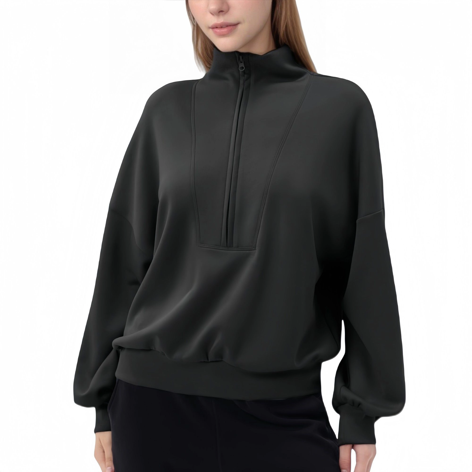 Anna-Kaci Women's Long Sleeve Woven Half-Zip Pullover Top with Stand Collar and Elastic Cuffs