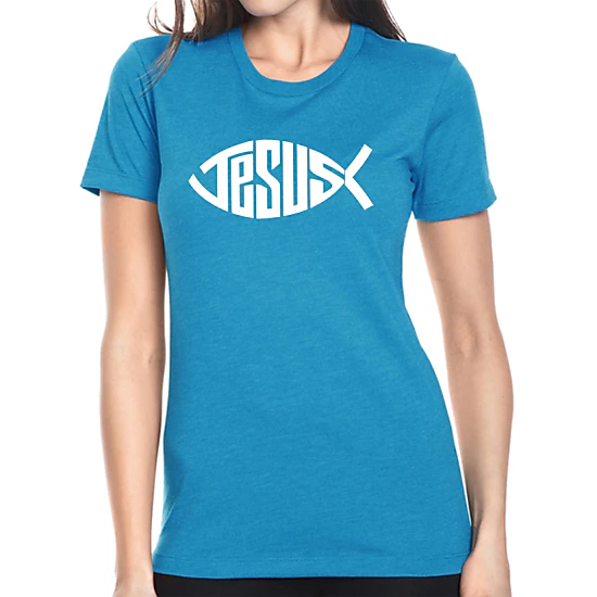 LA Pop Art Women's Cotton/Poly Blend Word Art T-Shirt - Christian Jesus Name Fish Symbol