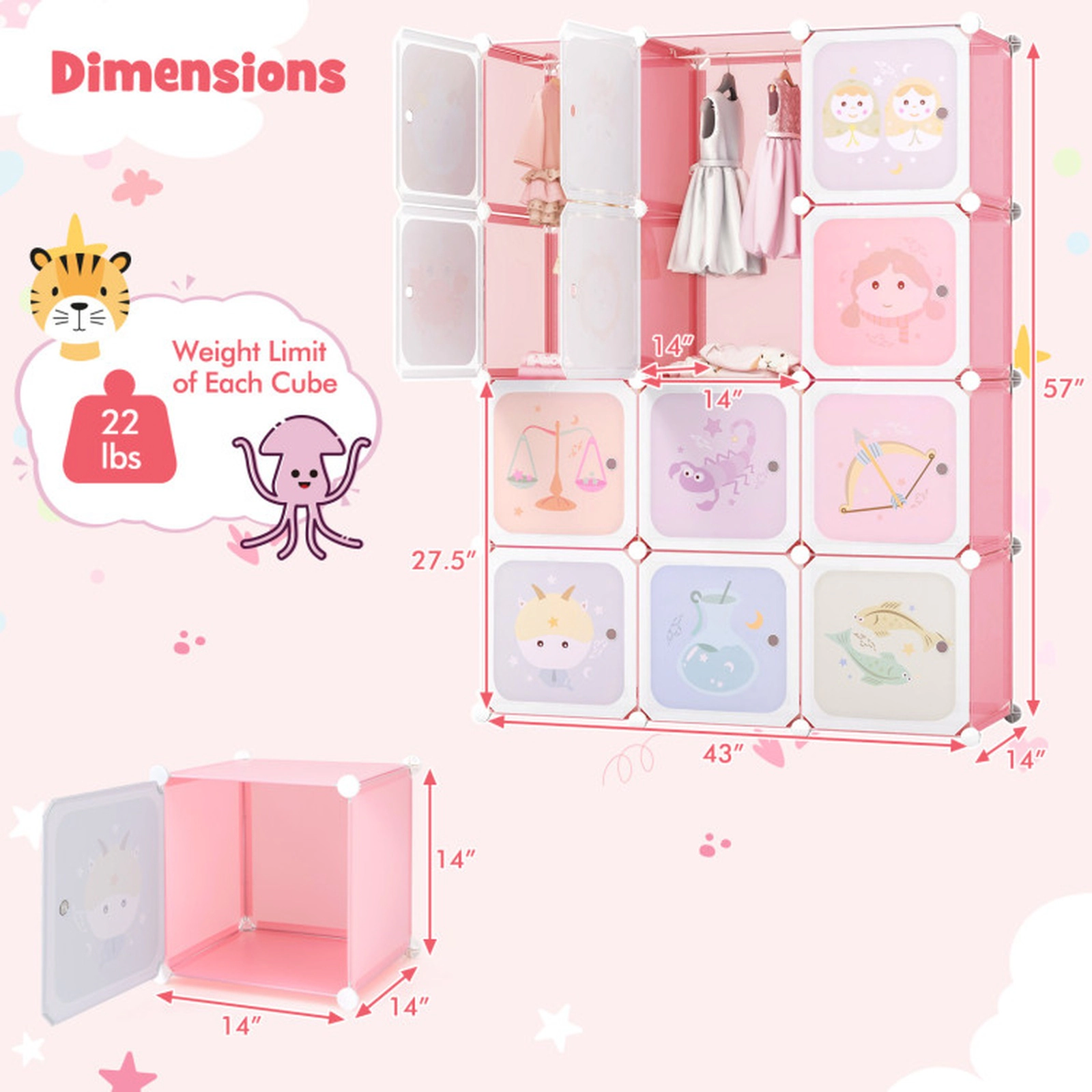 SUGIFT Kids 12-Cube Printed Doors Hanging Section Modular Wardrobe Closet 43-in x 14-in x 57-in 22-lb per Cube Pink
