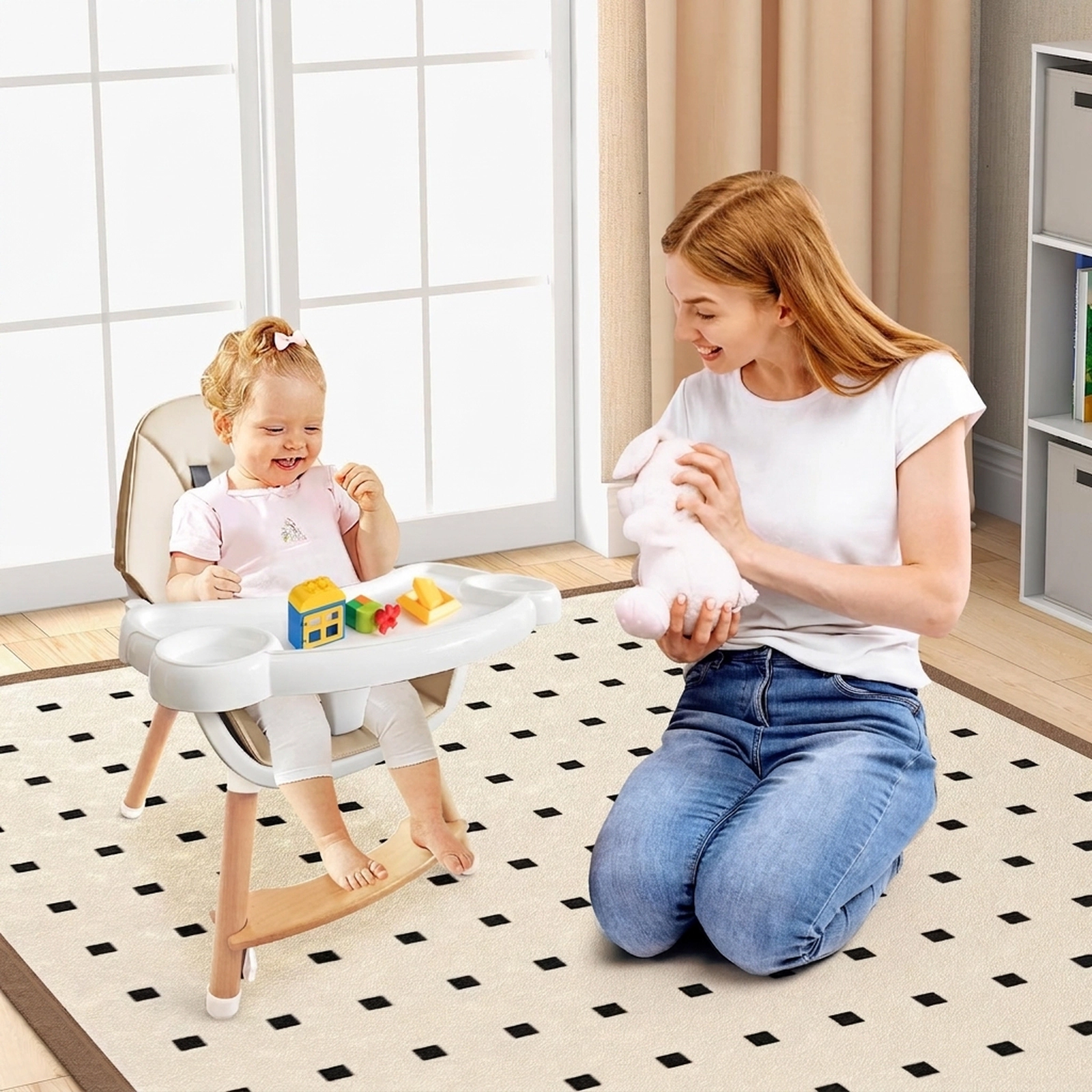 SUGIFT Beige 4-Level Adjustable Dishwasher Safe Tray and Beech Wood Legs Baby High Chair