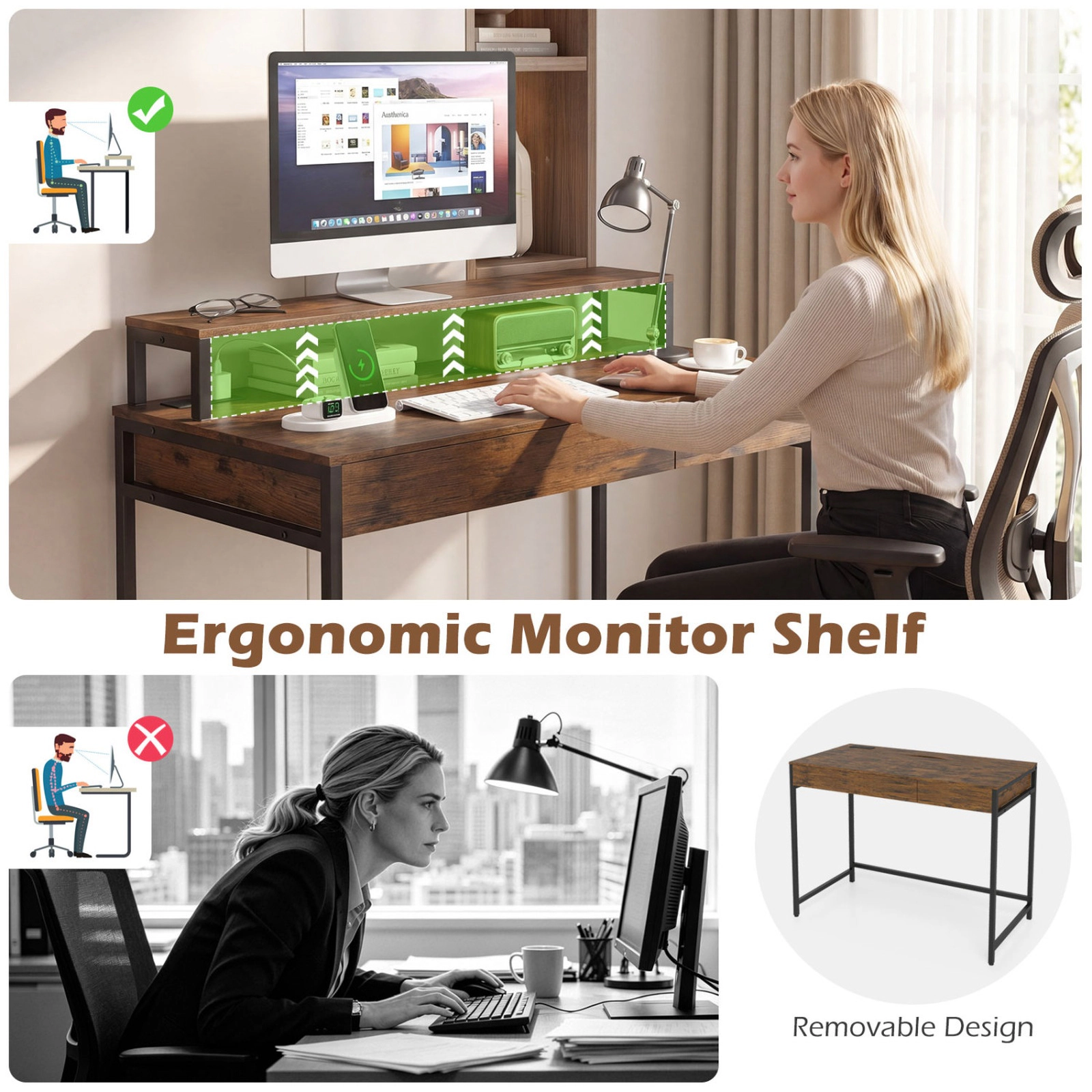 SUGIFT 39.5 in Office Desk Rustic Brown with Removable Monitor Shelf and Dual-Use Drawer