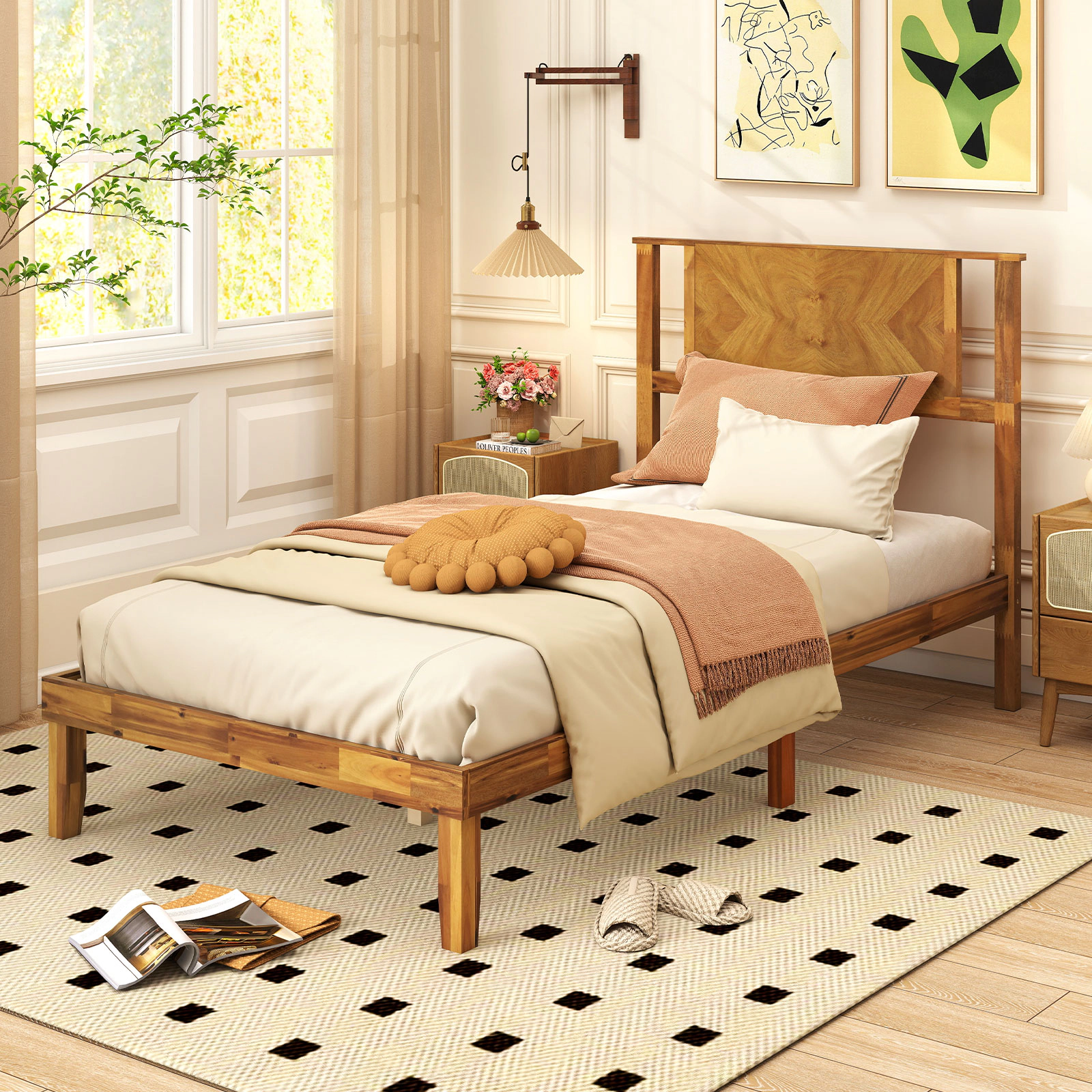 SUGIFT Twin Acacia Wood Platform Bed Frame with Mid-Century Headboard