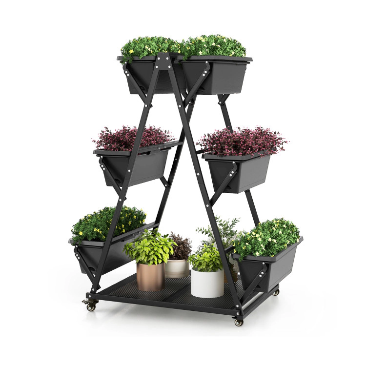 Hivvago 3-Tier Vertical Raised Garden Bed with 4 Wheels and 6 Container Boxes-Black
