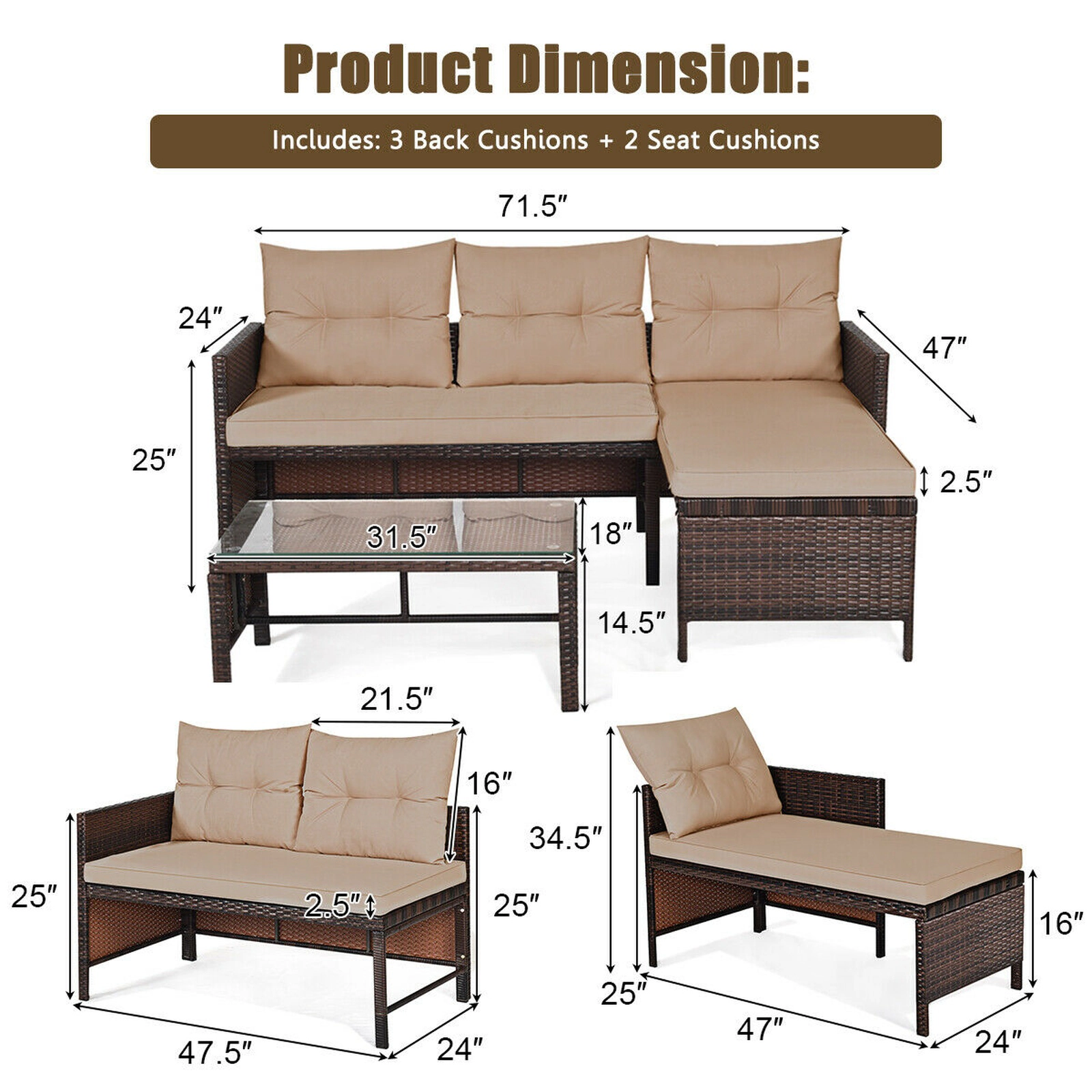 SUGIFT L-Shape Corner Lounge 3-Piece Patio Wicker Sectional Sofa Set