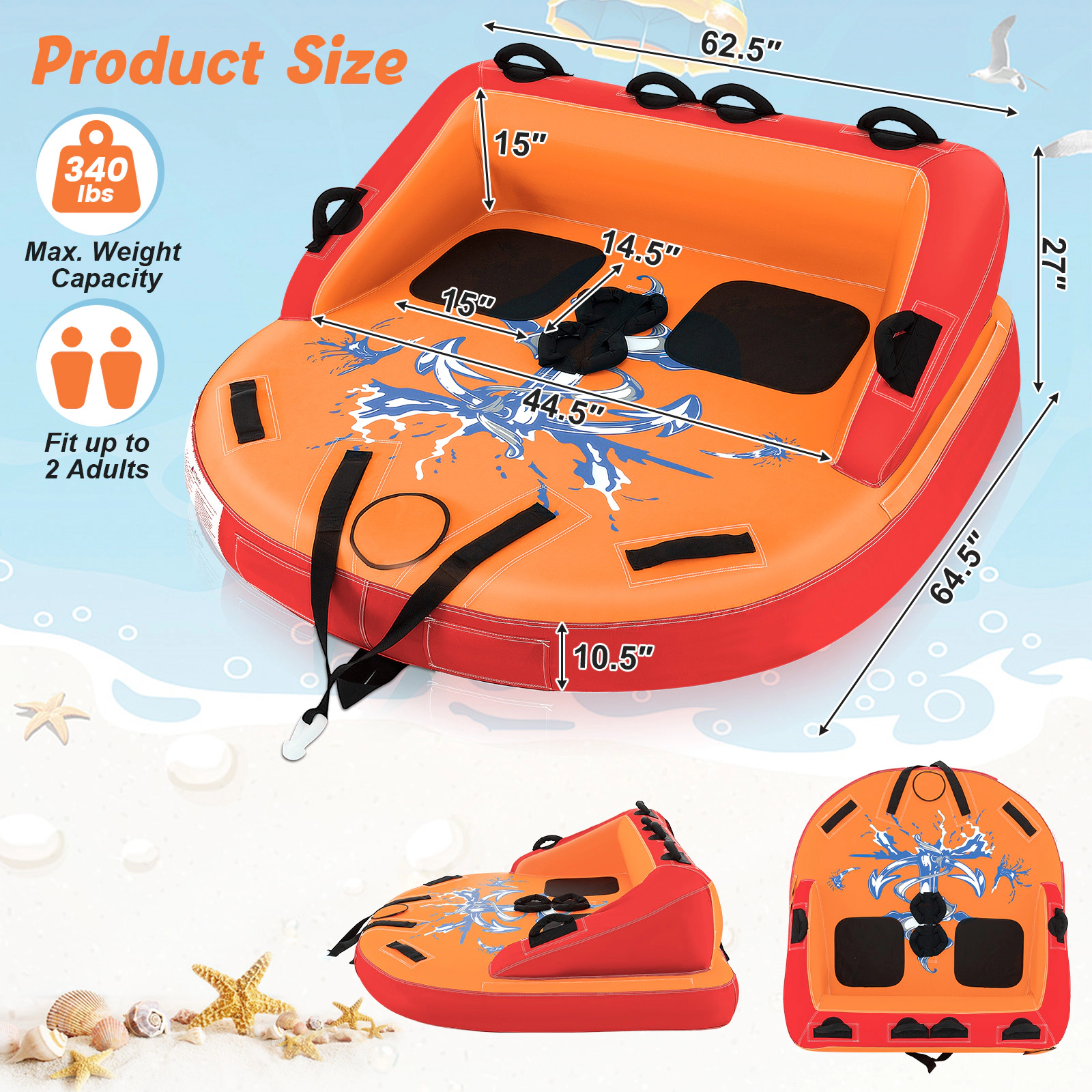 SUGIFT 2-Rider Inflatable Towable Tube, 340 lb Capacity, High Backrest, Dual Tow Points