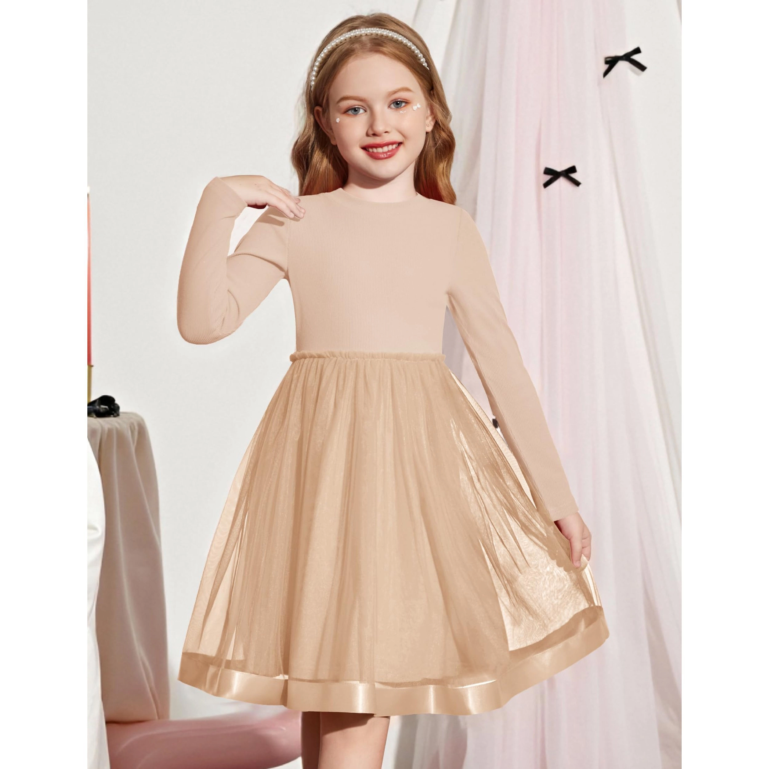 Arshiner Toddler Fall Dresses Long Sleeve Ribbed Knit Tulle Tutu Princess Birthday Party Dress