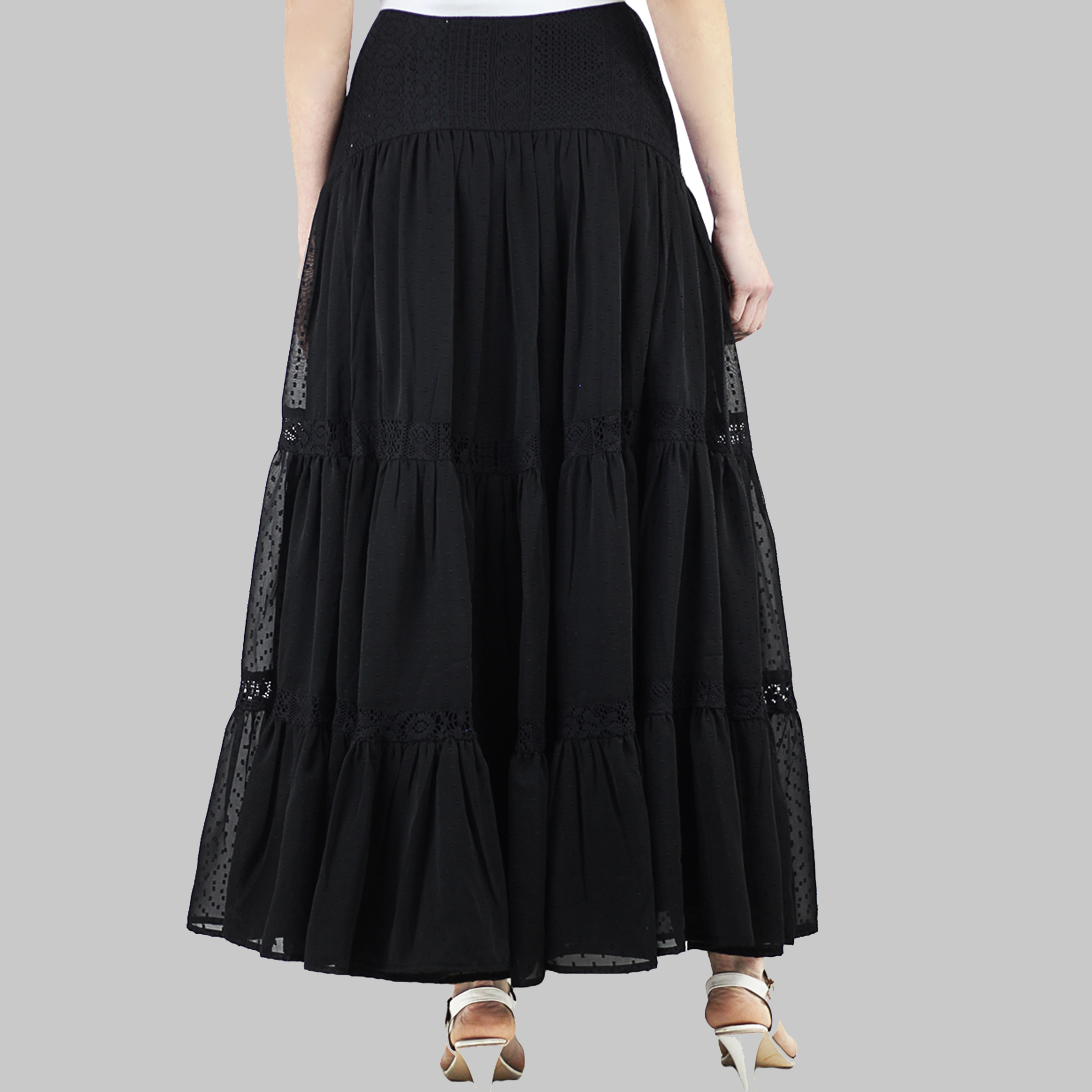 Artyska Women's Boho Flowy Tiered Ruffle Lace Long Maxi Skirt