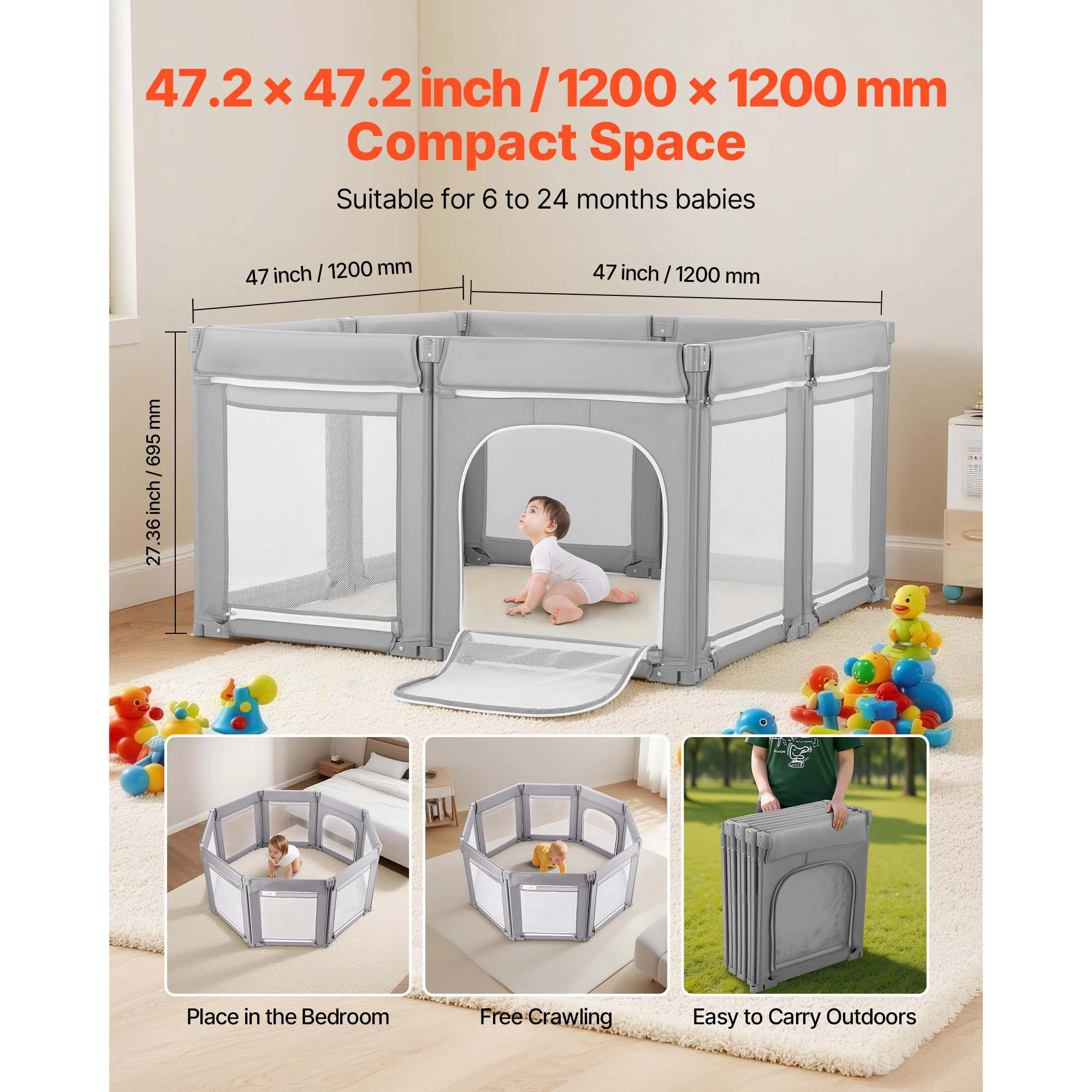 HONGGE Foldable Baby Playpen 47.2 x 47.2 In, Modular Mesh Play Yard for Indoor Outdoor Toddlers 6-24 Months