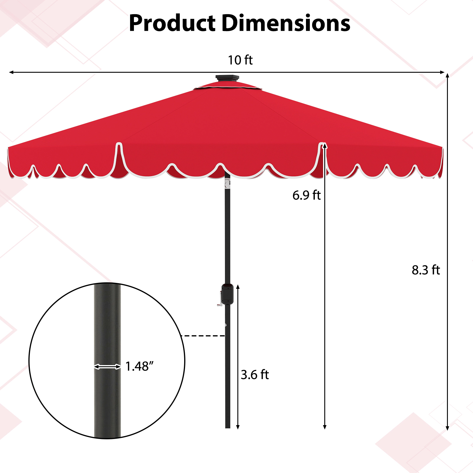 SUGIFT 10-ft Red Solar Patio Umbrella with 24 LED Lights Air Vent Crank Lift and 8 Wind-Resistant Metal Ribs