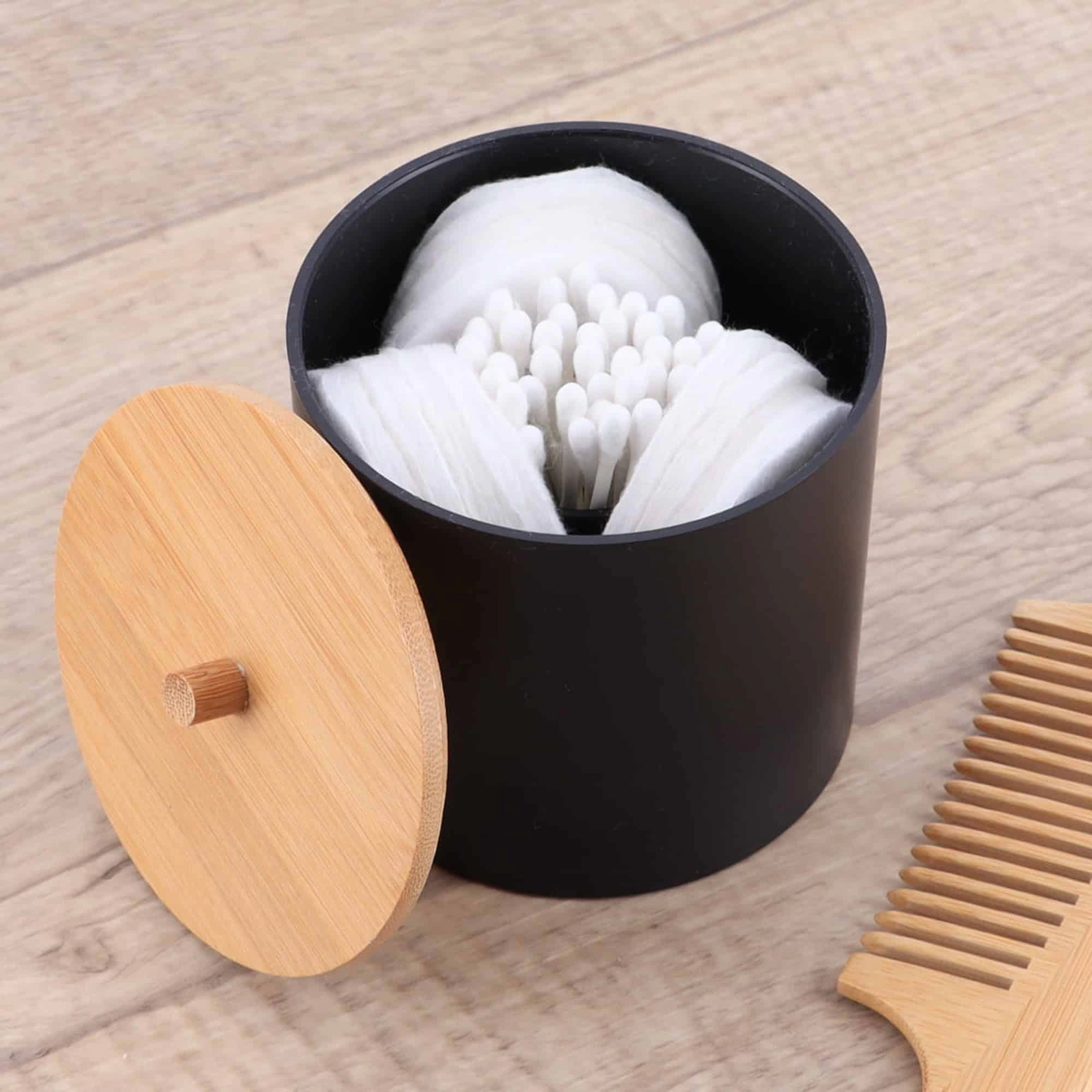 Evideco French Home Goods Padang Cotton Pad and Swab Holder with Bamboo Lid, Matte Polystyrene, Round
