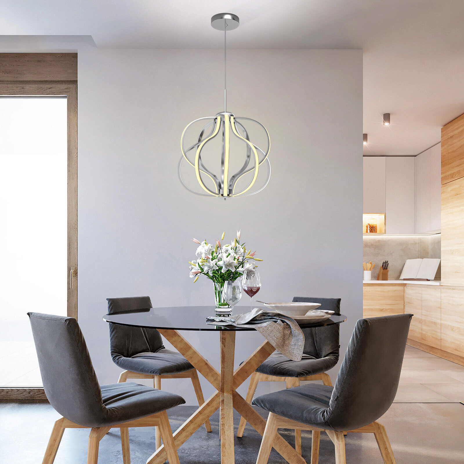 SUGIFT 30W Dimmable Warm White Integrated LED Modern Chandelier 20-in Dia 25-in to 73-in Drop 2000-Lumen Chrome